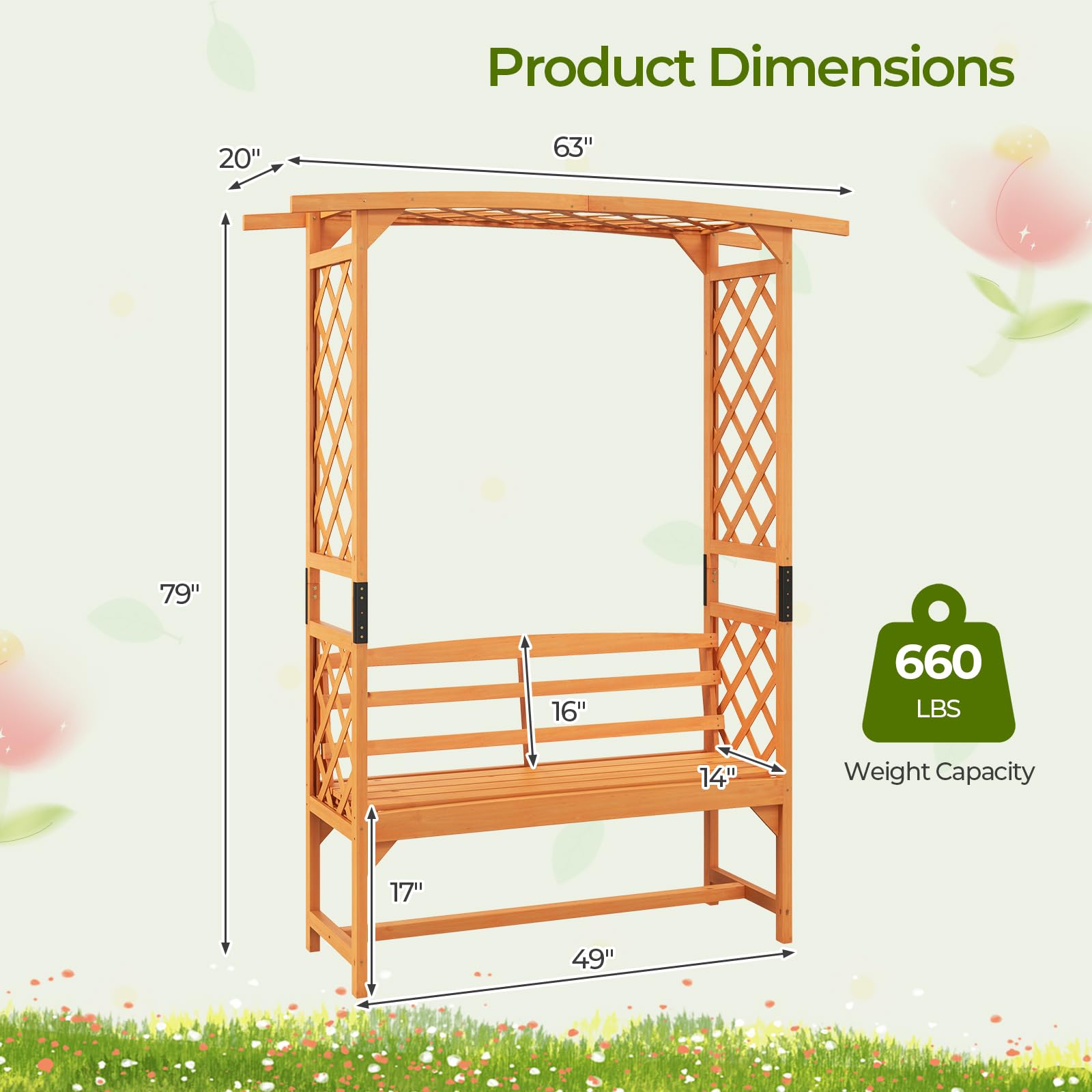 Giantex Garden Arch Trellis with Bench - 63''W x 79''H Wooden Arbor with 2-Person Outdoor Bench