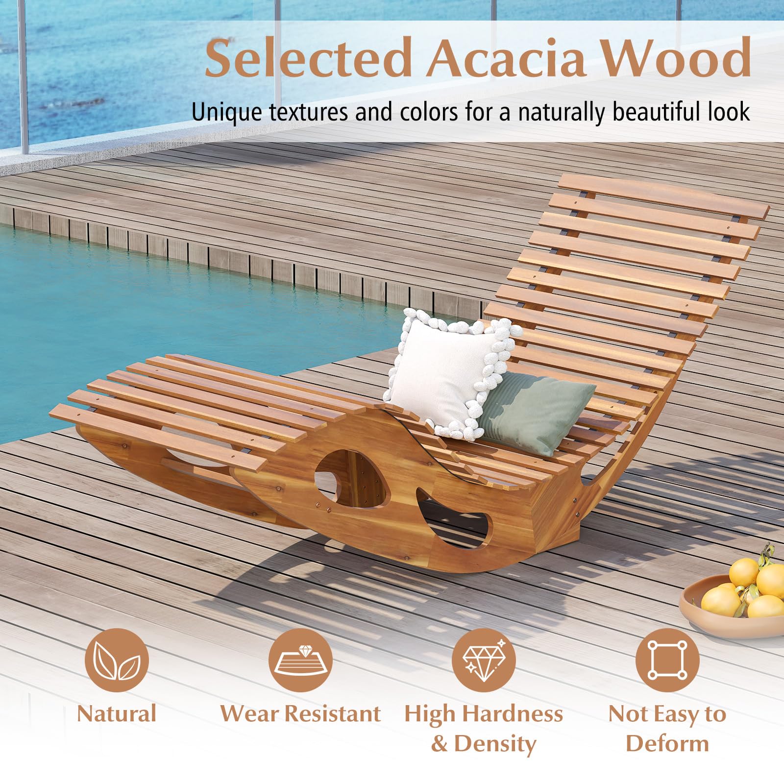 Giantex Acacia Wood Outdoor Rocking Chair, Patio Lounge Chair with Ergonomic Curved & Slatted Seat, High Back