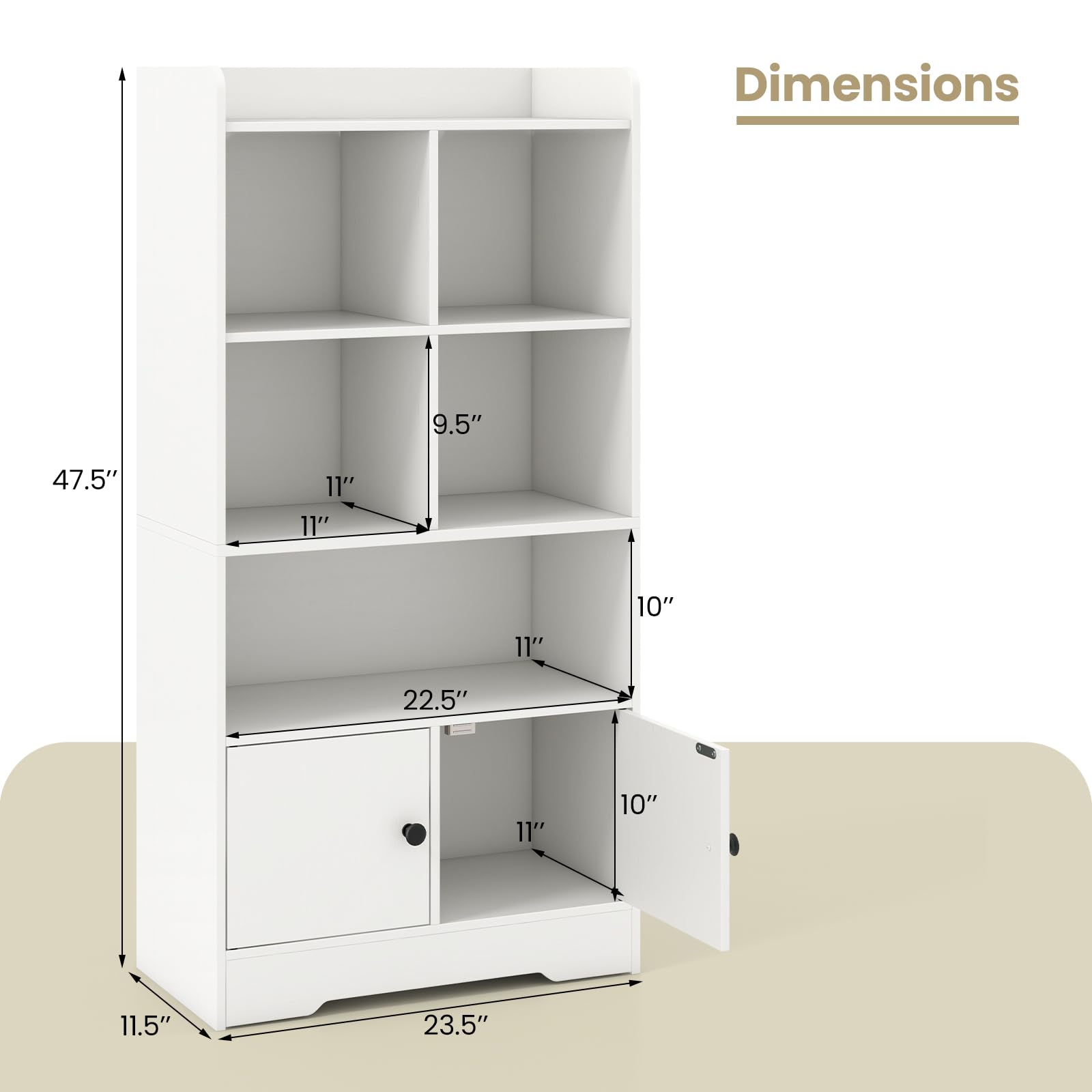 Giantex 4-Tier Bookcase with Doors, Small Bookshelf with 5 Cubbies and 2 Cabinets, White Freestanding Bookshelf