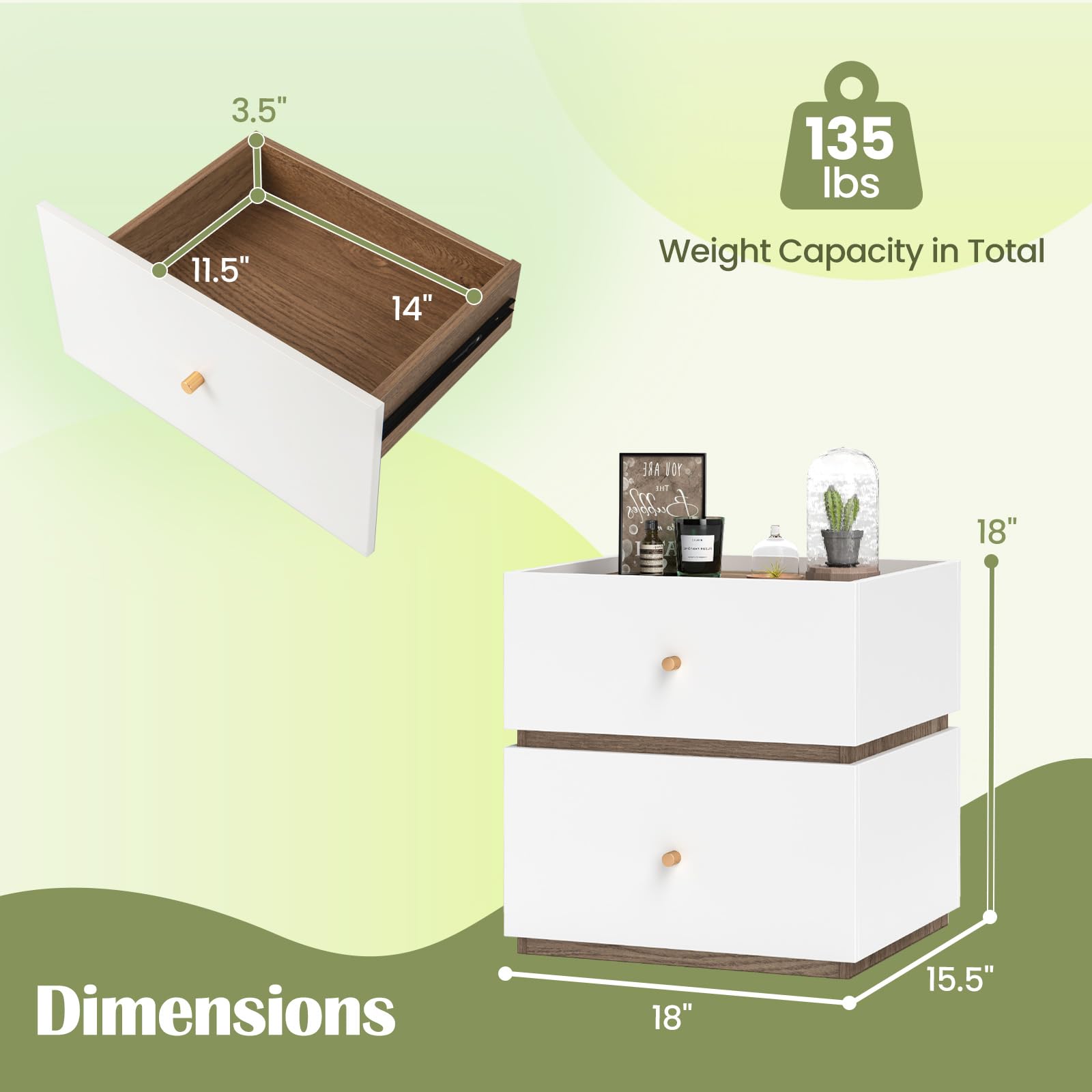 Giantex Modern Nightstand with 2 Storage Drawers, Wooden Night Stand with Raised Edge