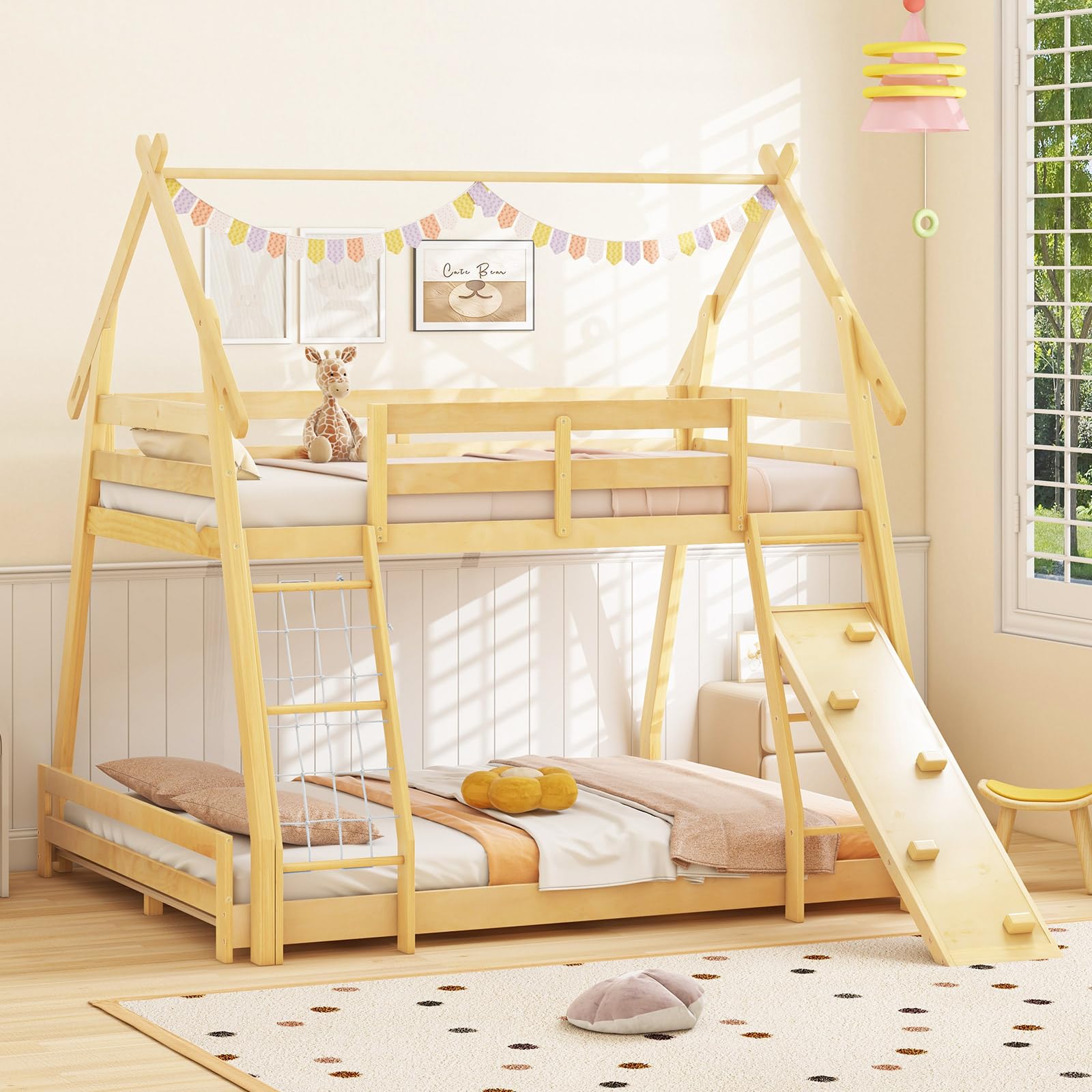 Giantex Twin Over Queen Bunk Bed, Wood House Bunk Bed for Kids with Climbing Nets and Ramp