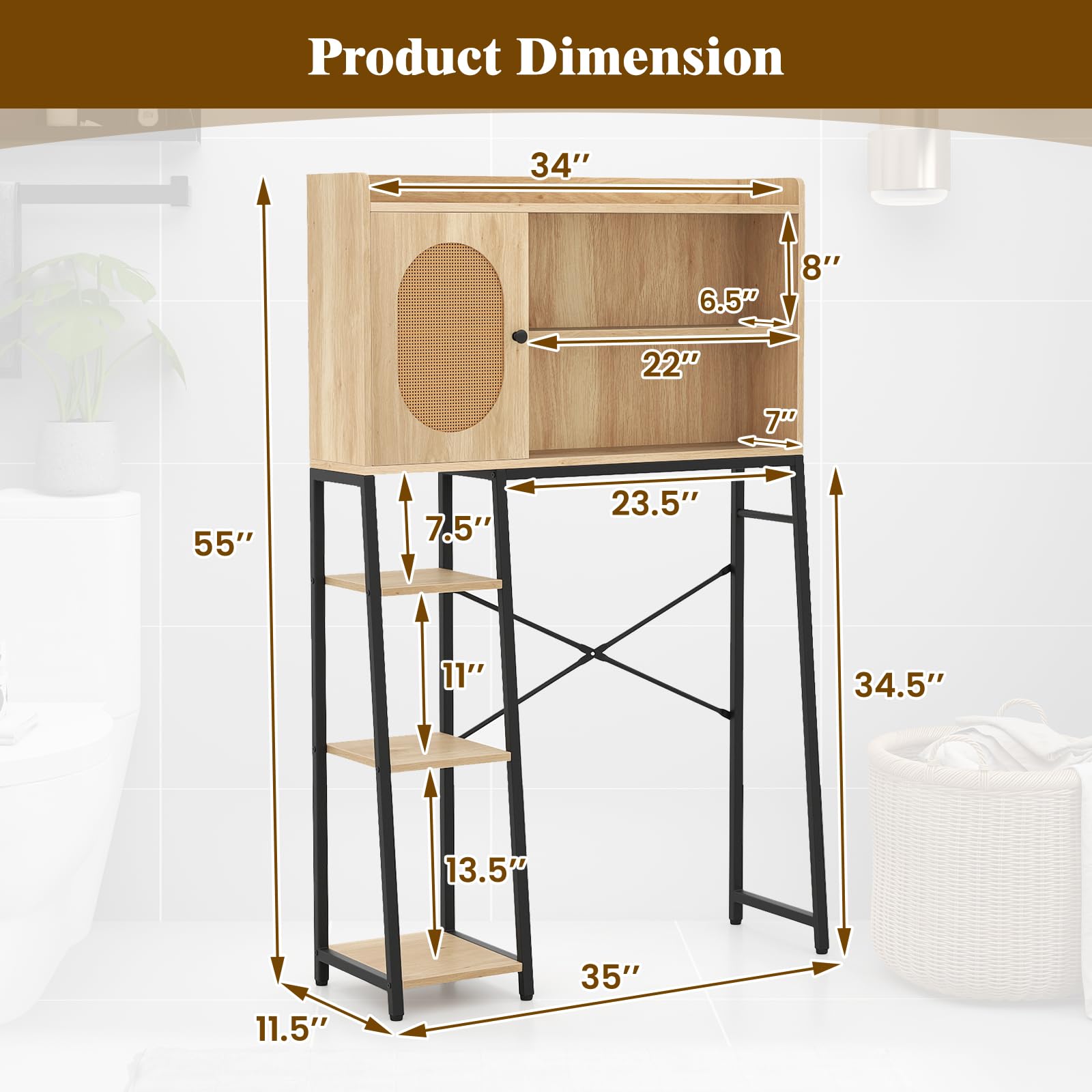 Giantex Over The Toilet Storage Cabinet, Freestanding Storage Organizer Above Toilet with PE Rattan Door and Adjustable Shelf