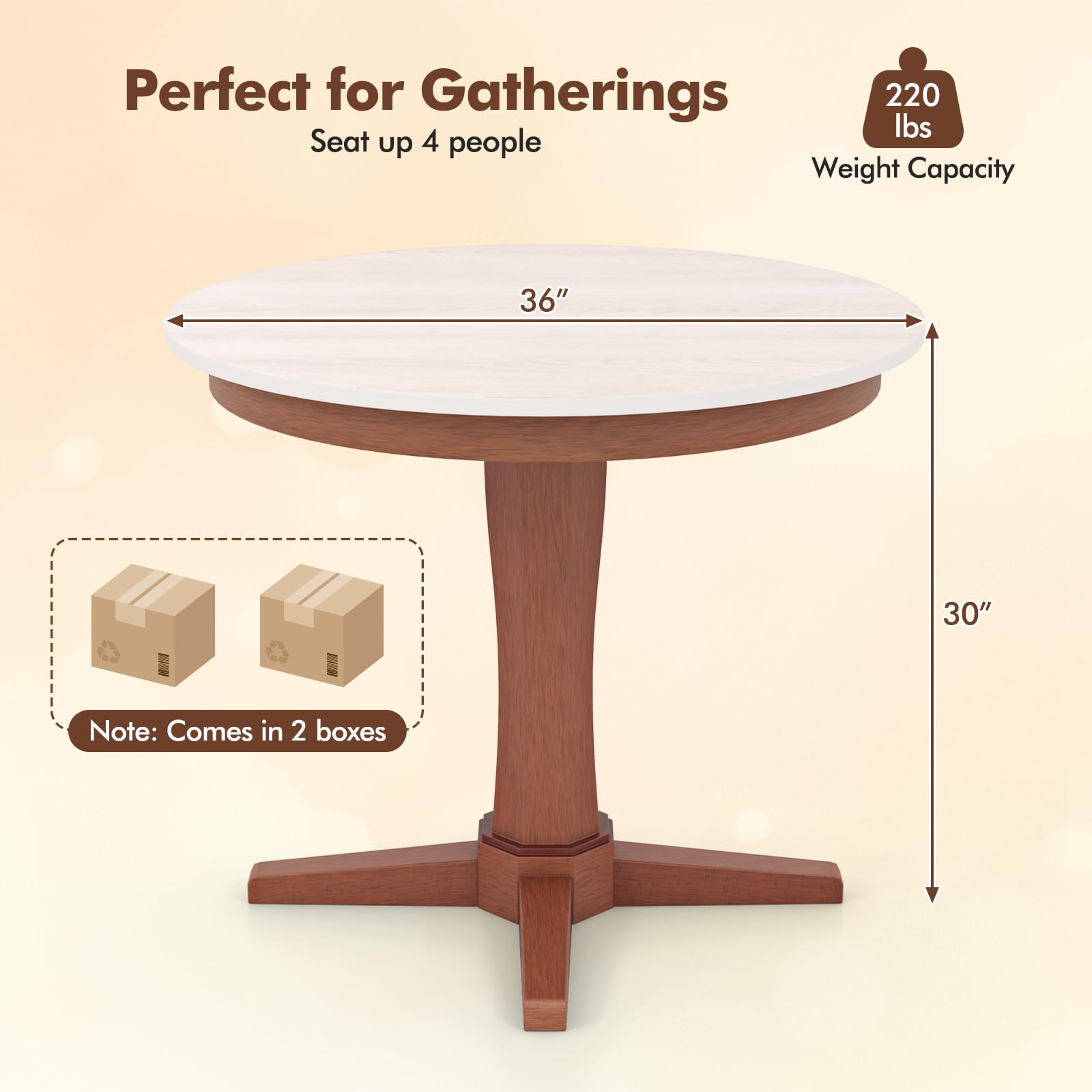 Giantex Round Dining Table, 36” Kitchen Table with Base, Solid Rubber Wood Frame, Breakfast Table for 4 People