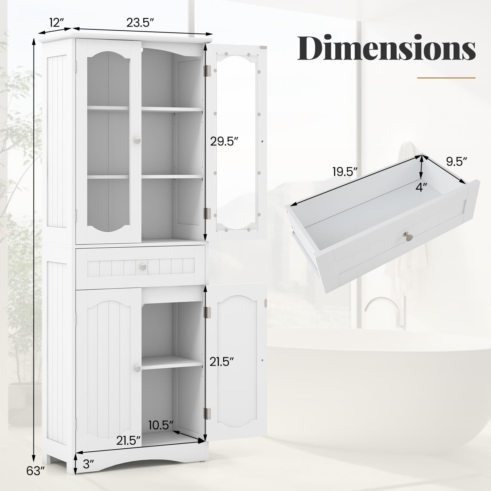 Giantex 63" Tall Bathroom Cabinet, Pantry Cabinet with Tempered Glass Doors, Adjustable Shelves & Large Drawer