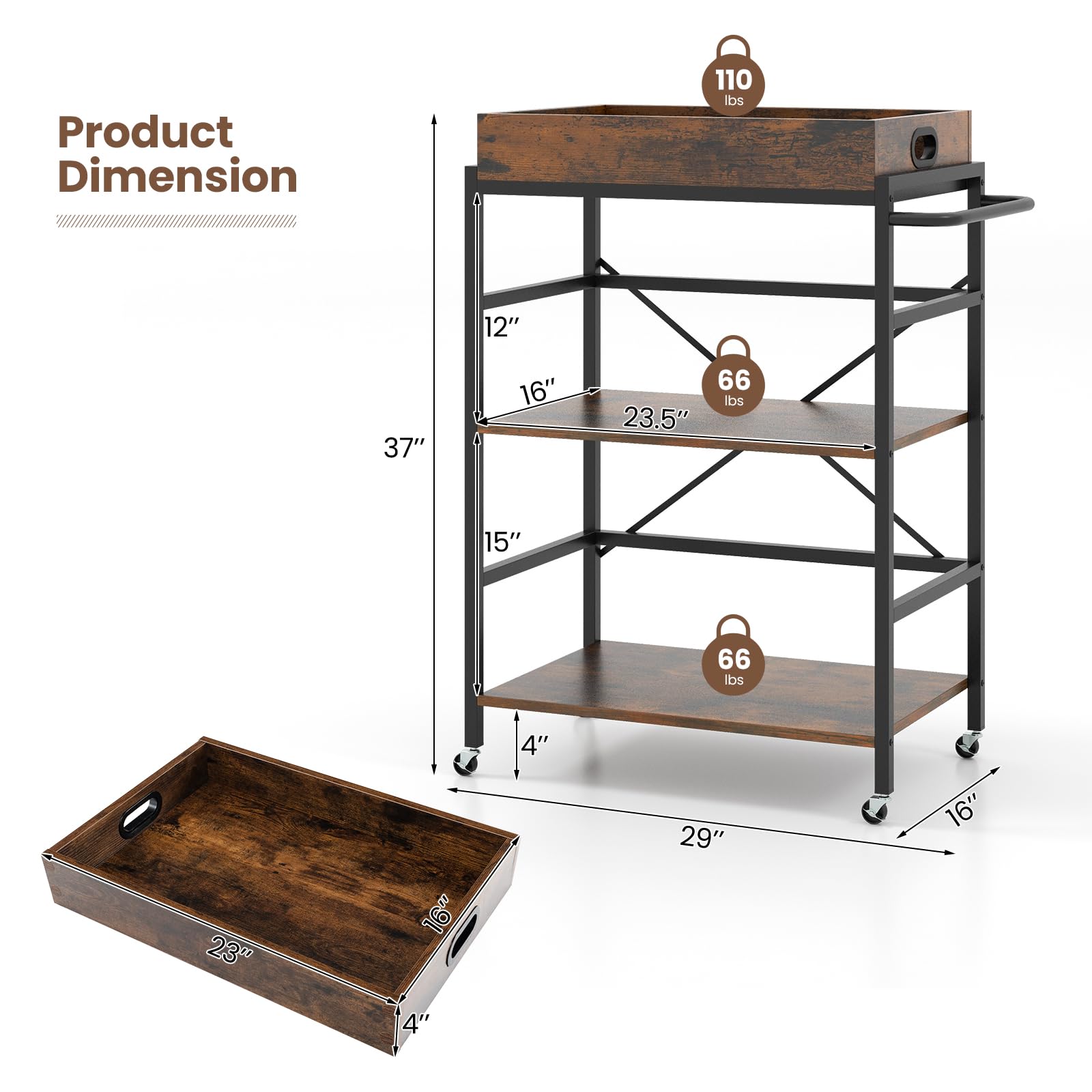 Giantex Rolling Bar Cart, 3-Tier Serving Cart with Removable Tray, 4 Lockable Universal Casters