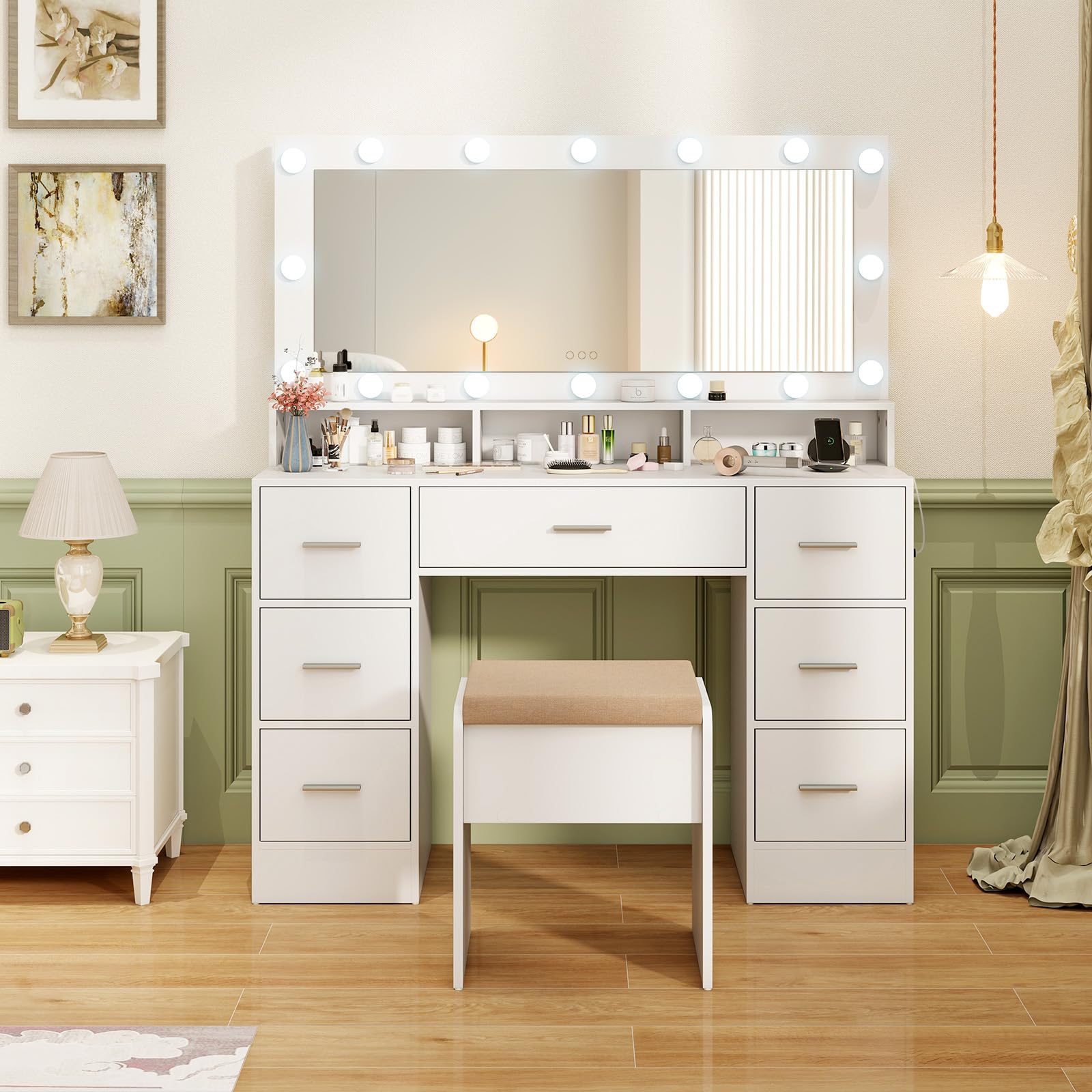 Vanity Desk with Large Mirror and Lights, 46.5" Makeup Vanity Desk with 7 Drawers