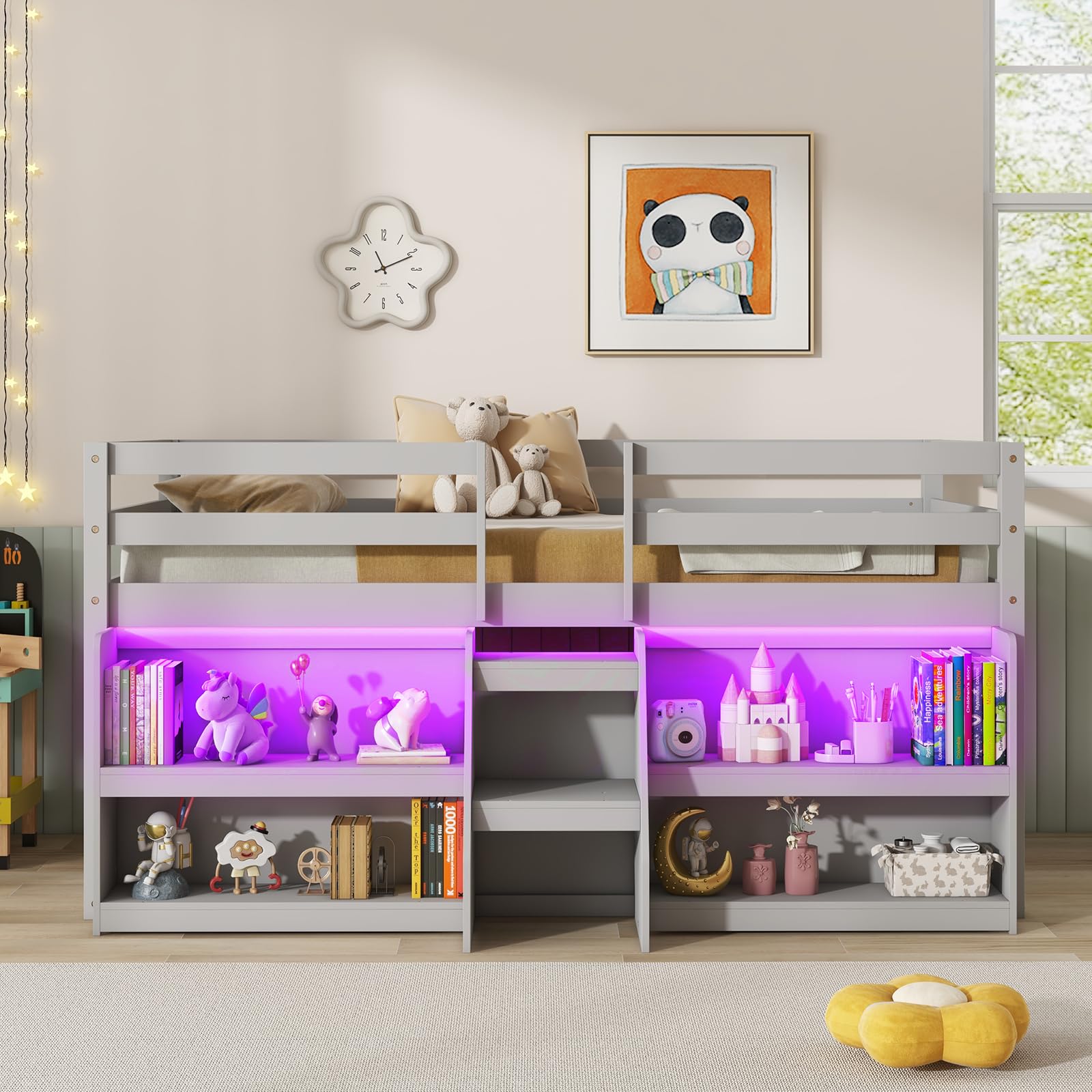 Giantex Low Loft Bed with LED Lights, Wooden Twin Loft Bed with Stairs & Safety Guardrail