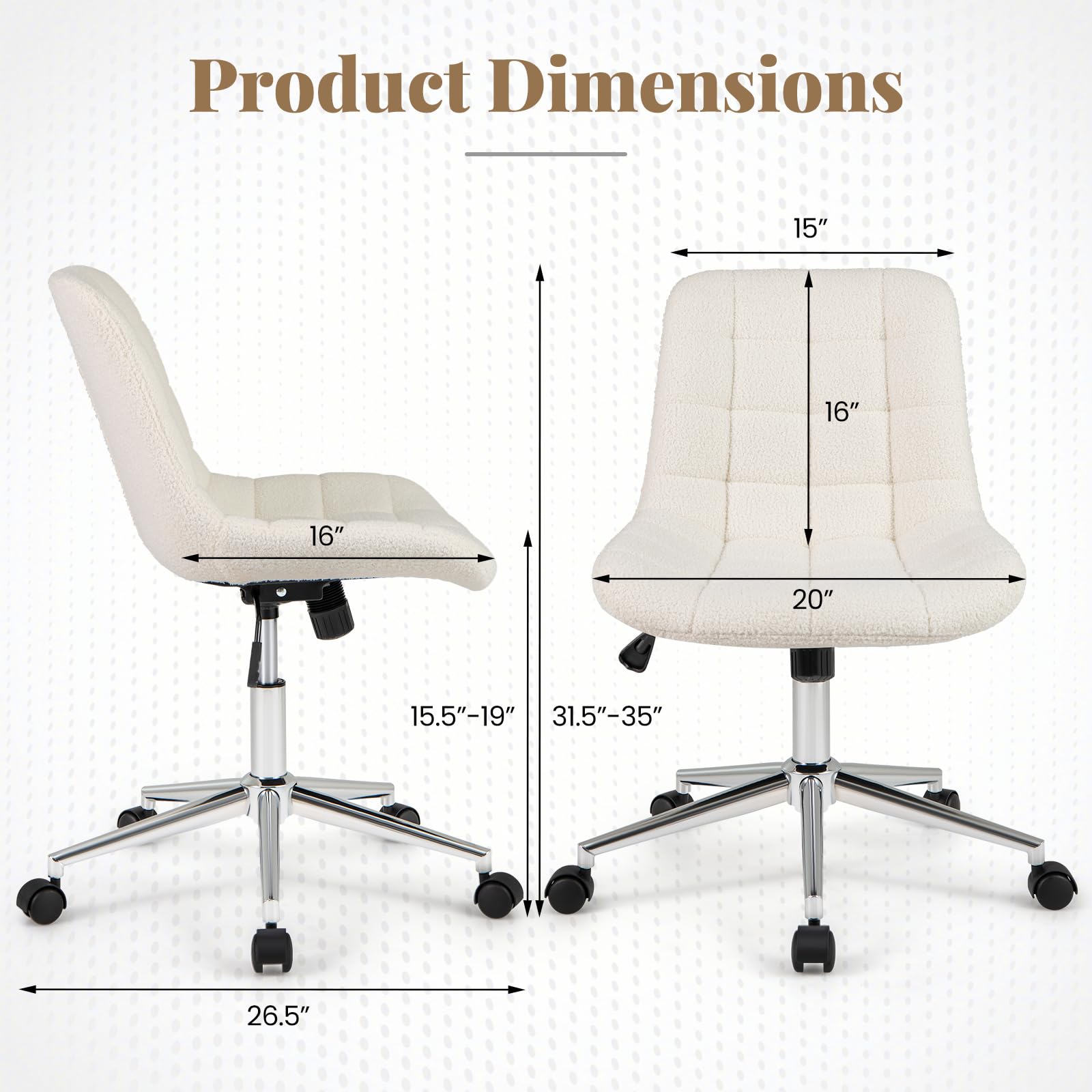 Giantex Armless Office Chair, Modern Faux Fur White Vanity Chair with Wheels & Adjustable Height