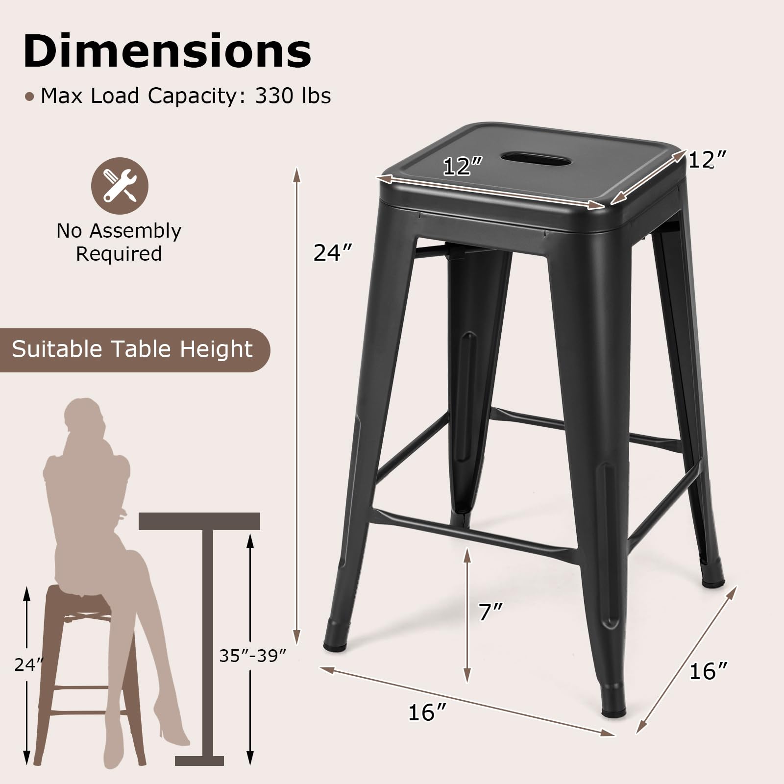 Giantex Metal Backless Bar Stools Set of 4, 24" Industrial Counter Height Bar Stools w/Cut-Out Handle, Footrest