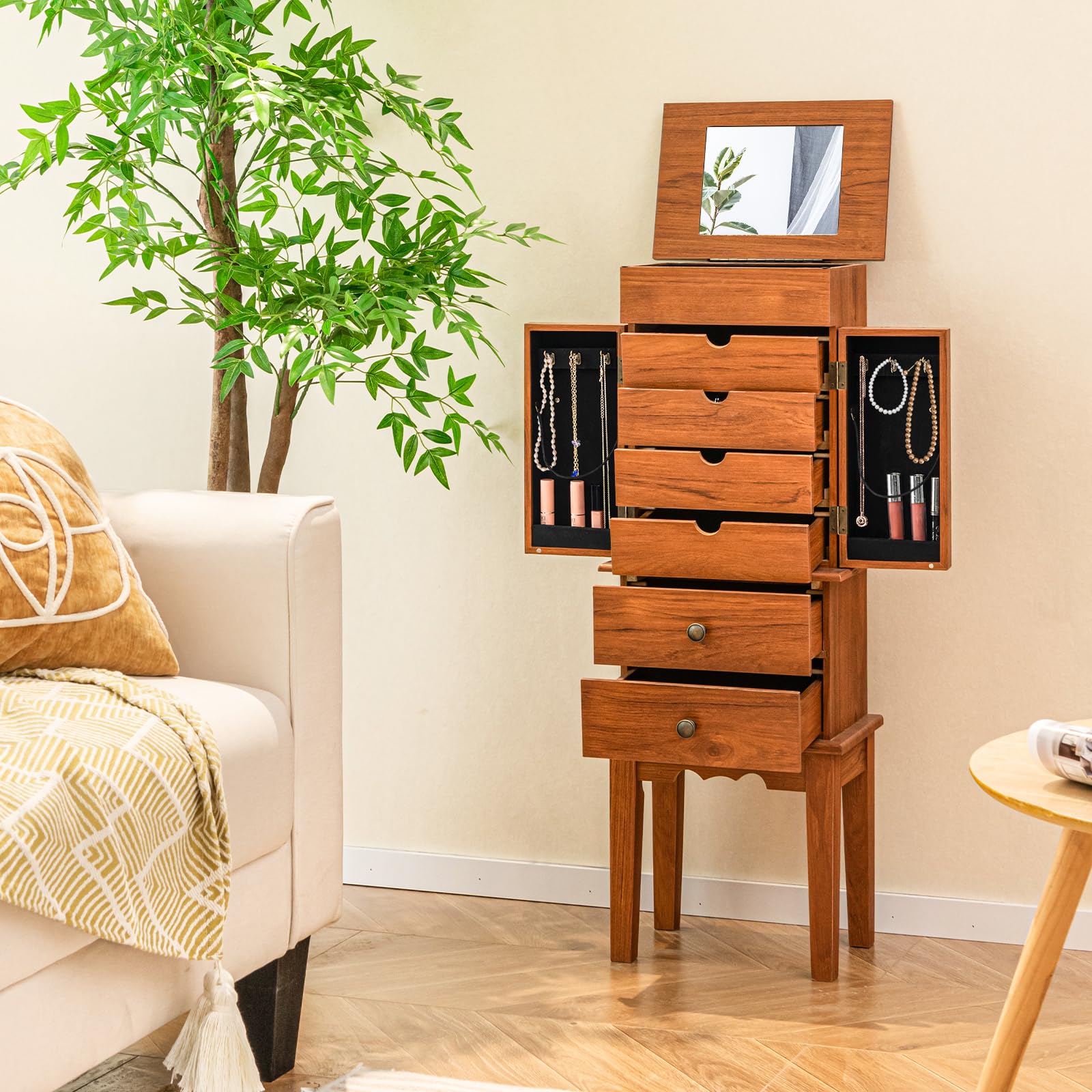 CHARMAID Jewelry Cabinet with 6 Drawers, Standing Jewelry Armoire with Flip Top Mirror, 2 Side Doors with 6 Necklace Hooks