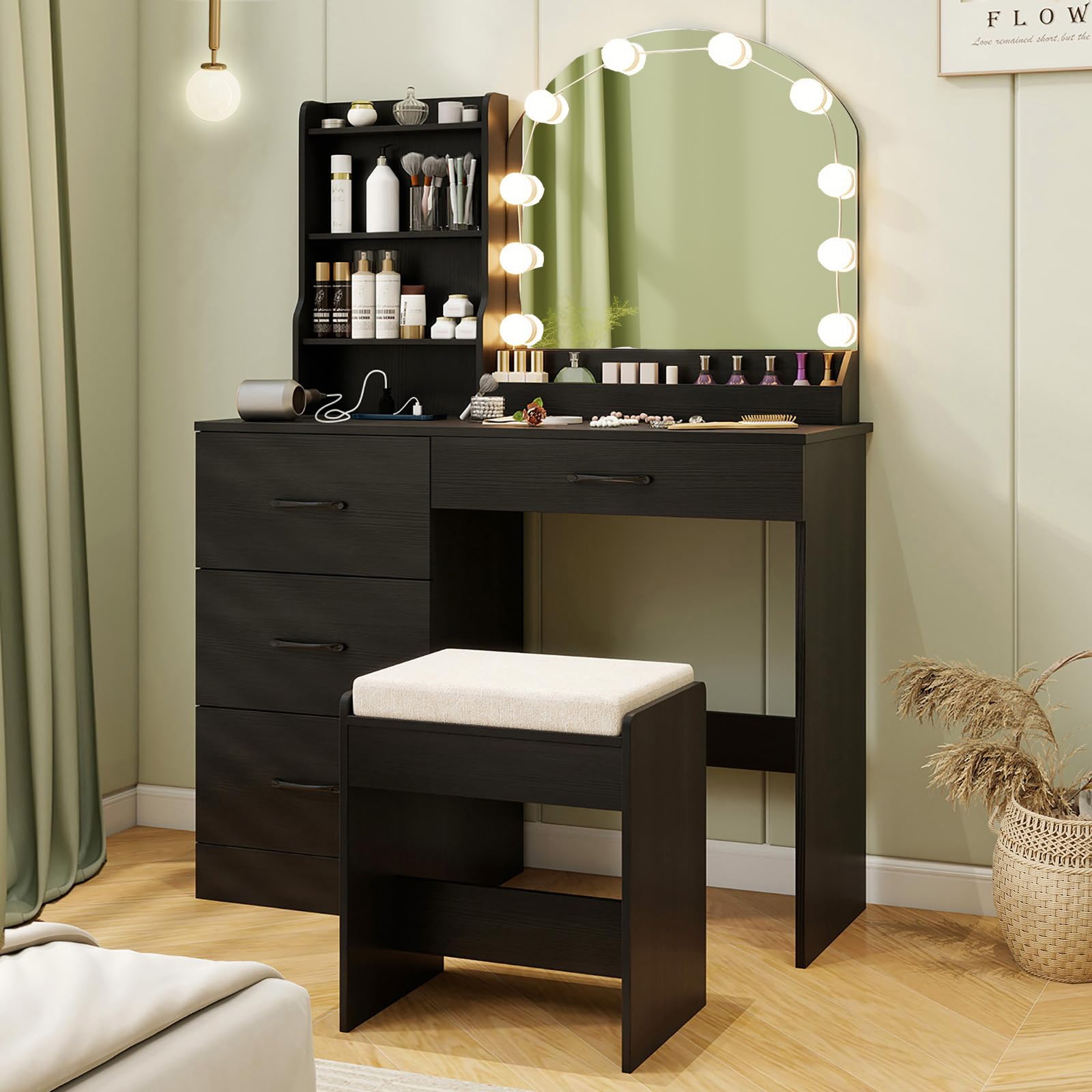 Vanity Desk with Lights - Makeup Vanity Table with Charging Station, 4 Drawers, 3 Storage Shelves