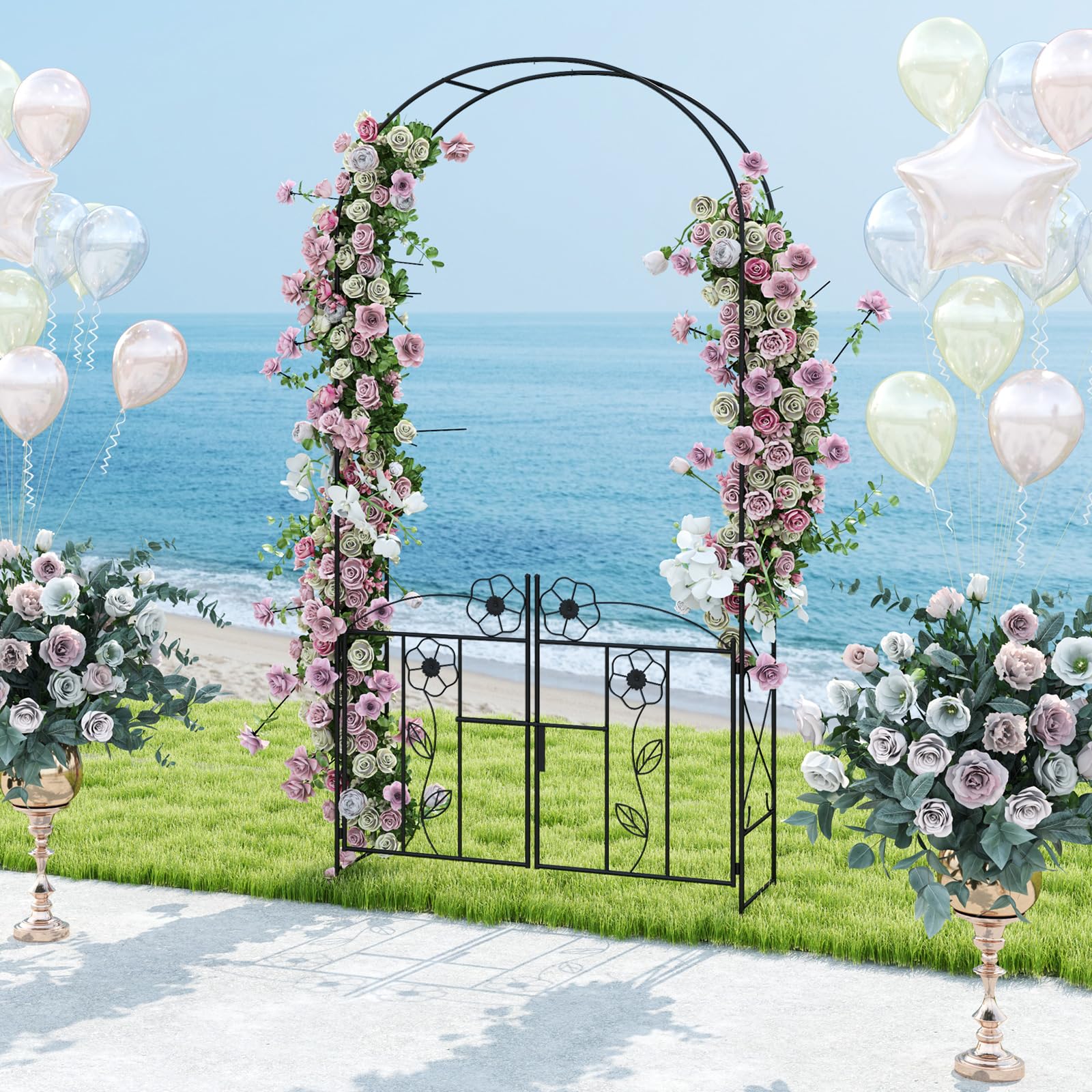 Giantex Garden Arbor with Gate, 7.5FT Metal Arch Trellis for Climbing Plants Rose Ivy, Archway Pergola with Flower Door