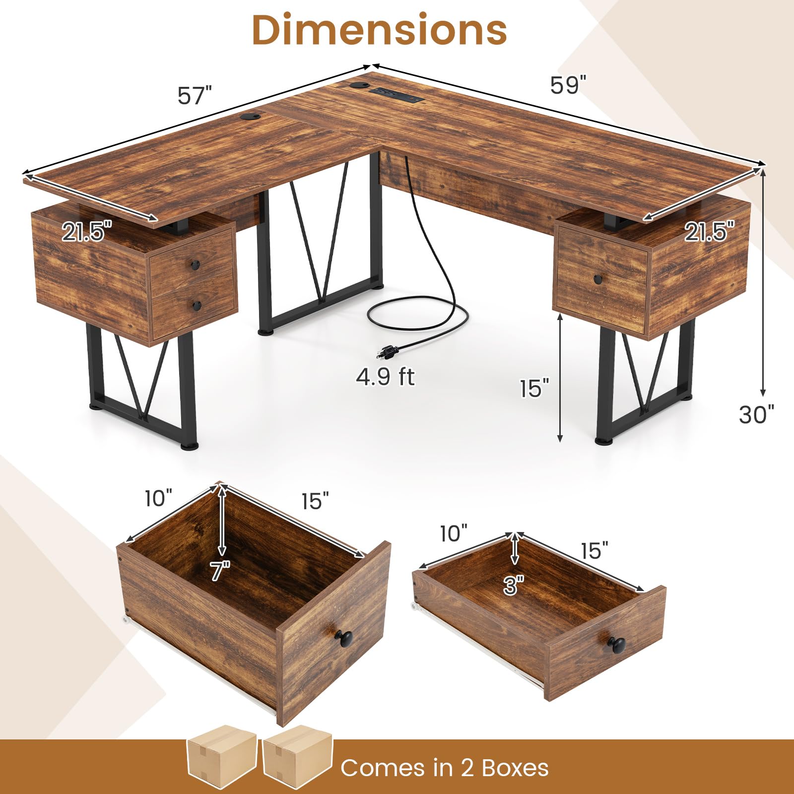 Giantex L Shaped Desk with Drawers, 59” Large Computer Desk with Power Outlet