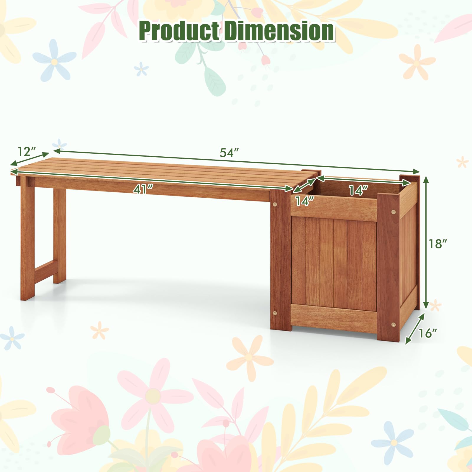 Giantex Outdoor Bench with Raised Garden Bed, Wood Seat with Teak Oil Finish, Planter Box with Open-Ended Base