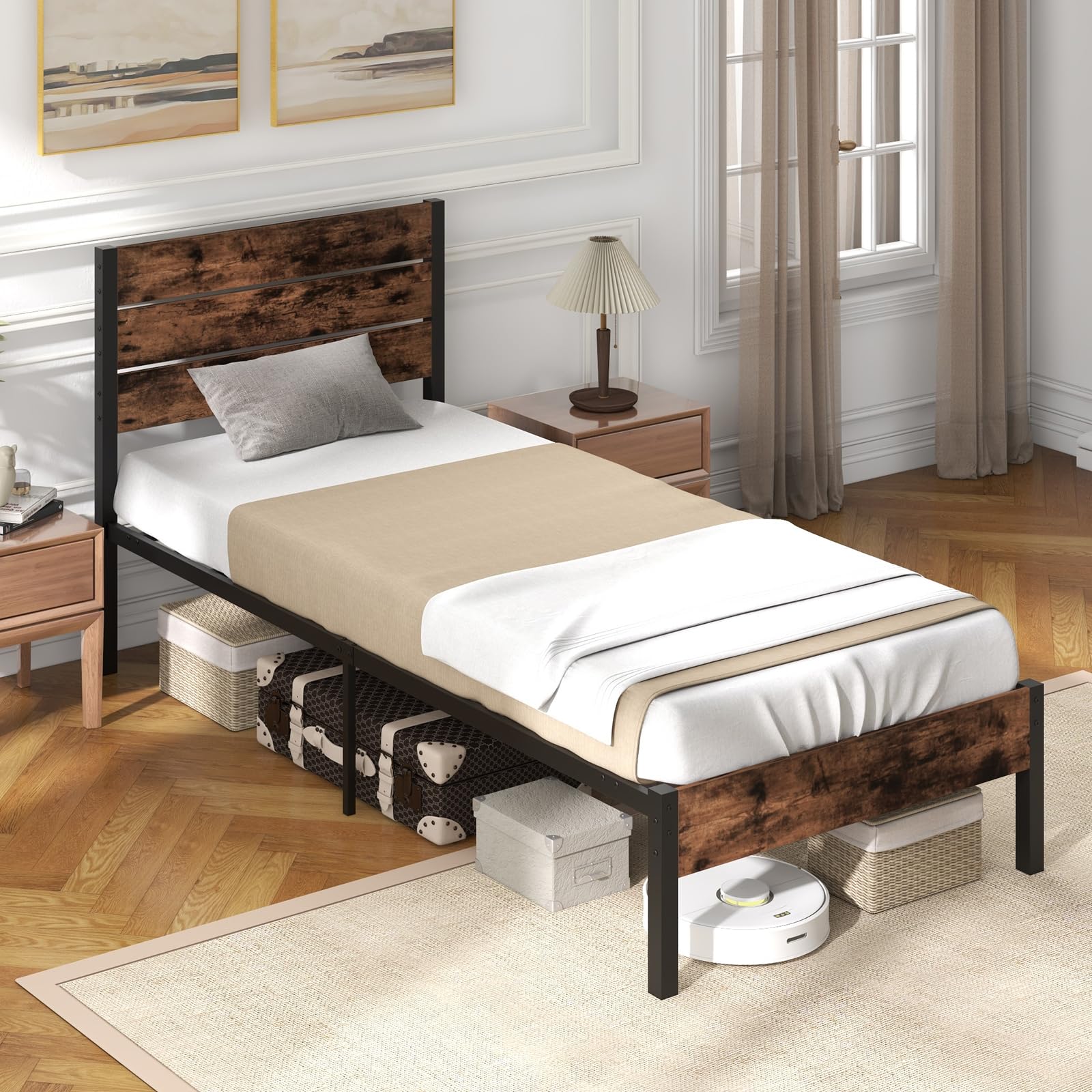 Giantex Metal Platform Bed Frame, Industrial Bed Frames with Wood Headboard