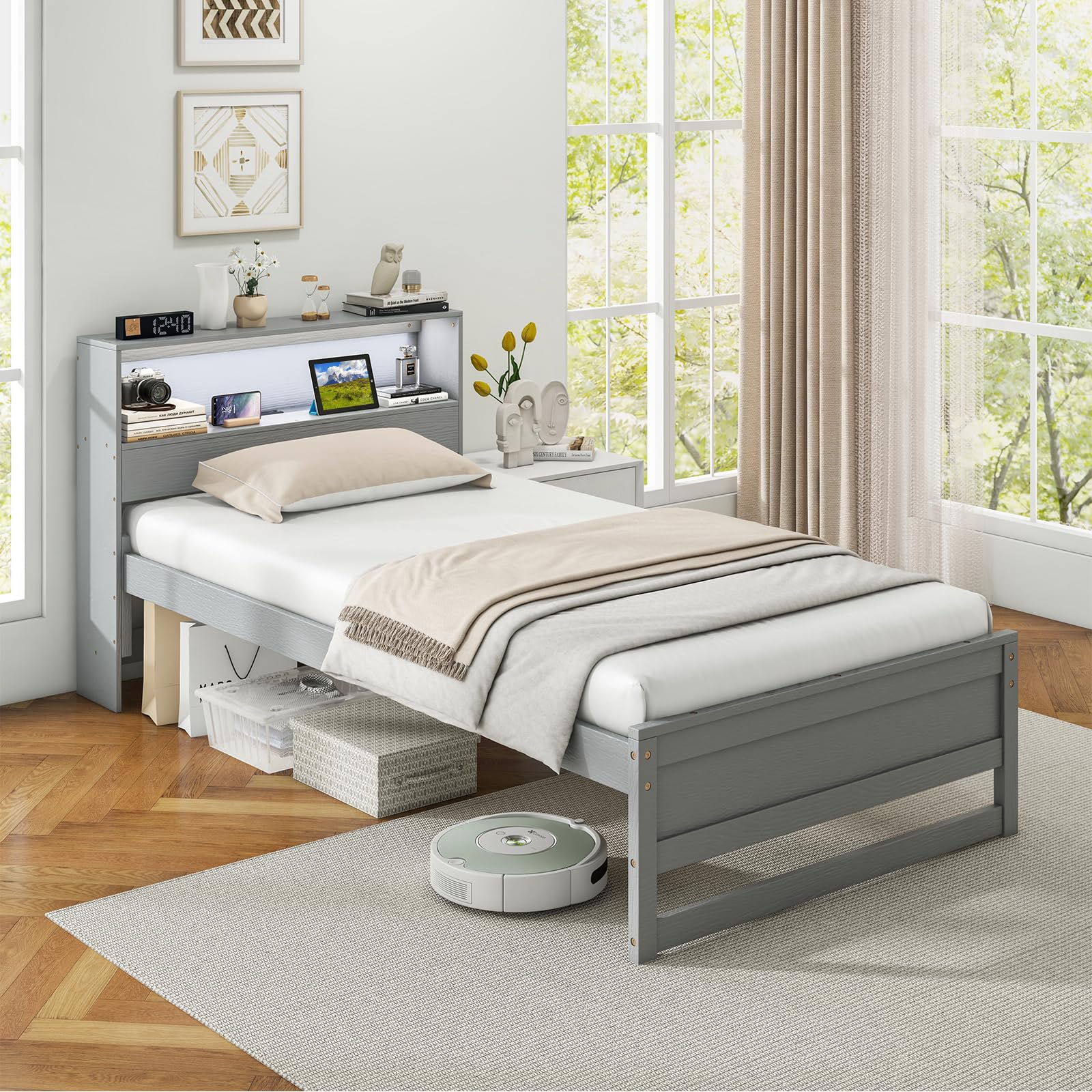 Giantex Twin Bed Frames with Storage Headboard, Wood Platform Bed with Charging Station & LED Light