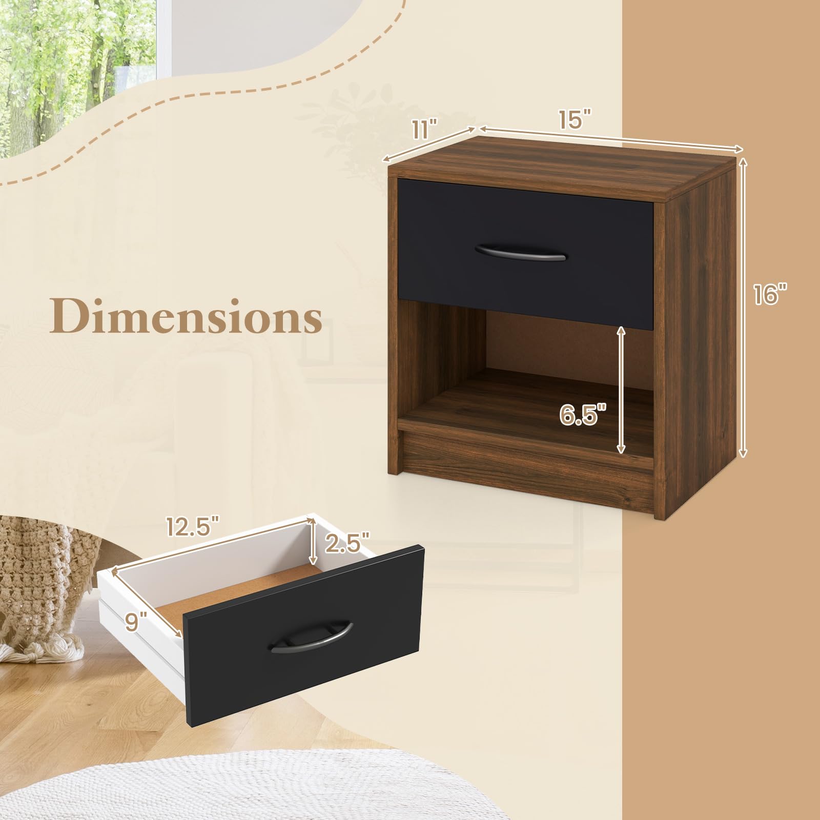 Giantex Night Stand Set of 1/2 with Drawer, Wood  End Table with Open Storage Shelf for Bedroom