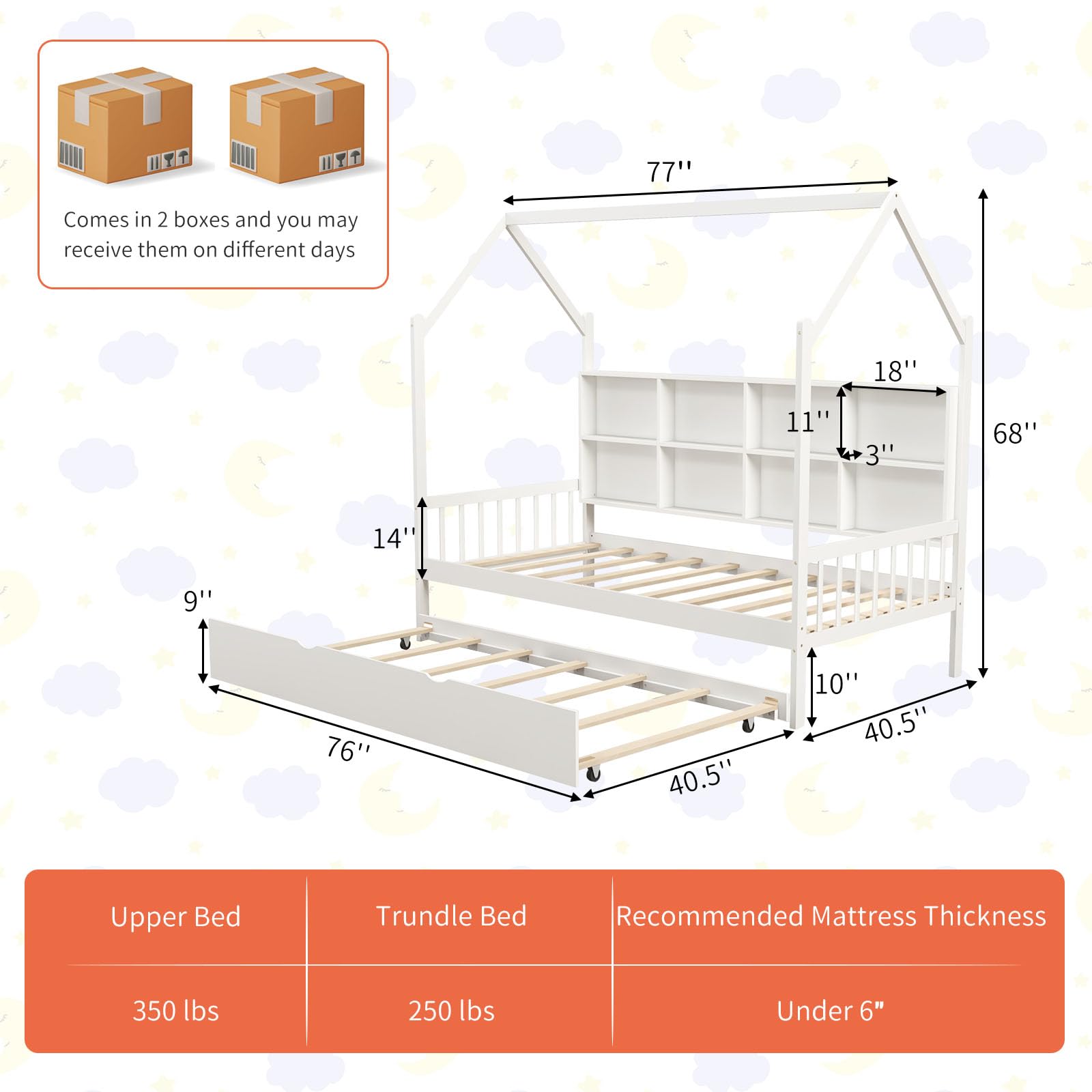 Giantex Twin House Bed with Trundle, Solid Wood Bed Frame with Roof & 8 Cube Bookcase