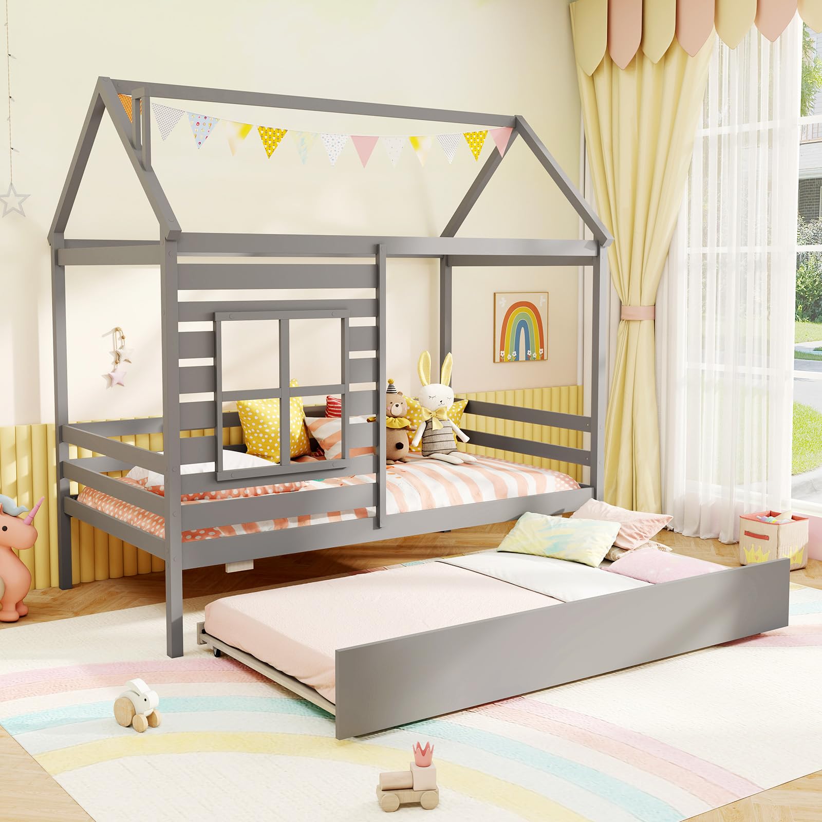 Giantex Twin House Bed with Trundle Bed Twin, Wooden Twin Bed Frames with Roof, Chimney & Window