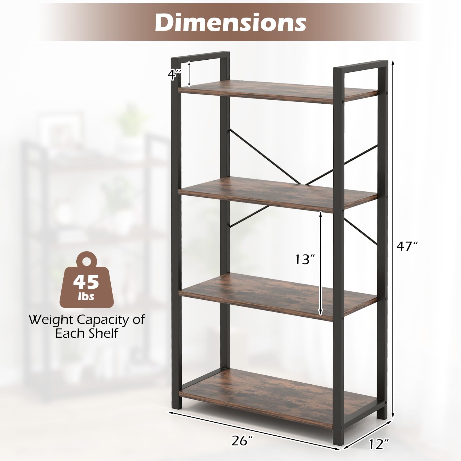 Giantex 4-Tier Bookshelf, Industrial Bookcase with Open Shelves, Metal Frame, 2 Anti-Toppling Kits