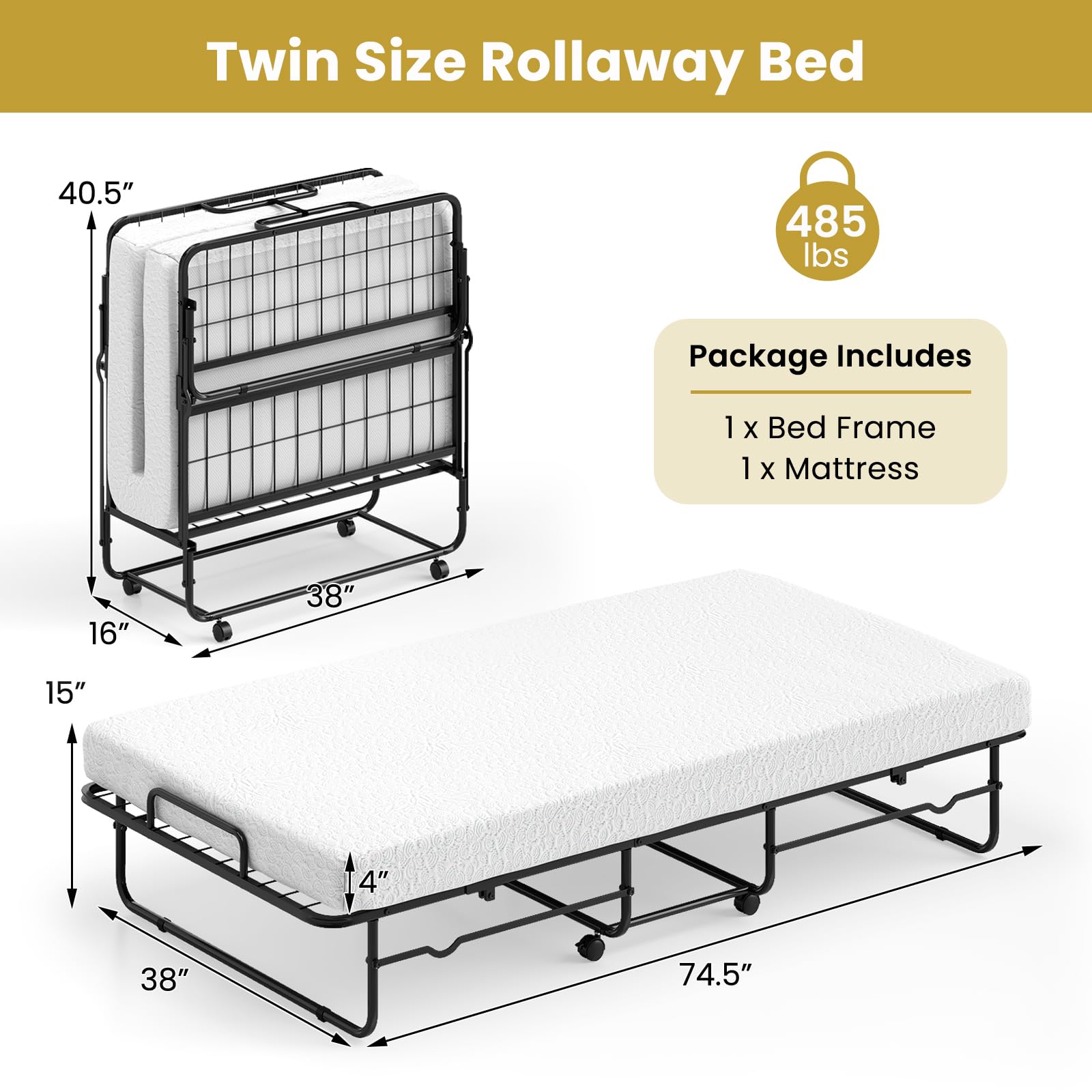 Giantex Twin Folding Bed with Mattress, Roll Away Bed Portable Guest Bed w/Sturdy Metal Frame