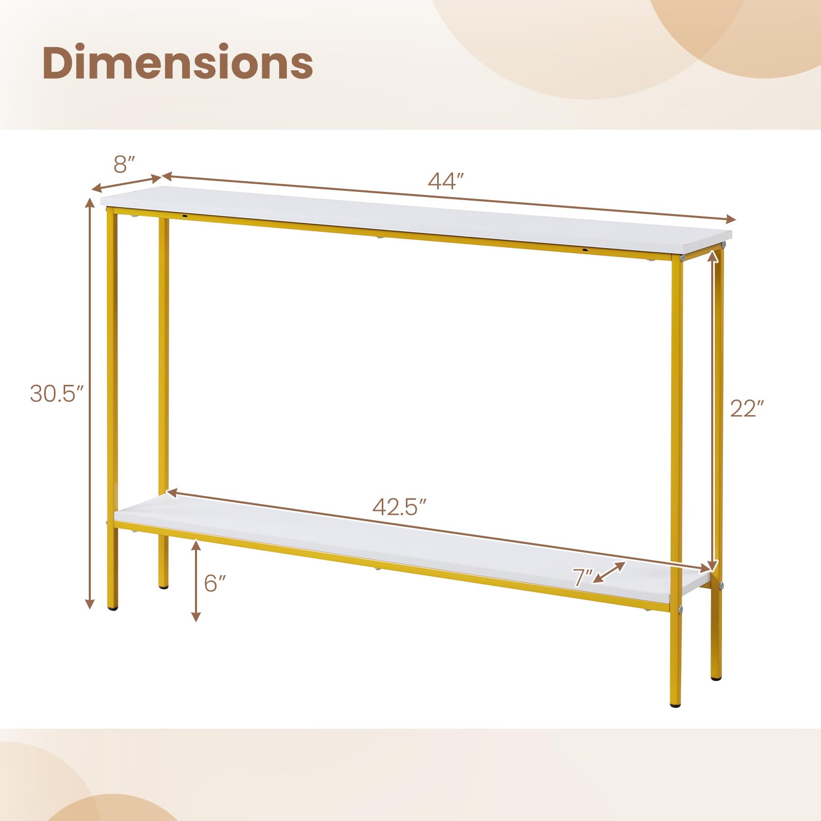 Giantex Gold Console Table with Shelf, 44" Narrow Entryway Table w/Dual Anti-Tipping Kits & Golden Metal Frame