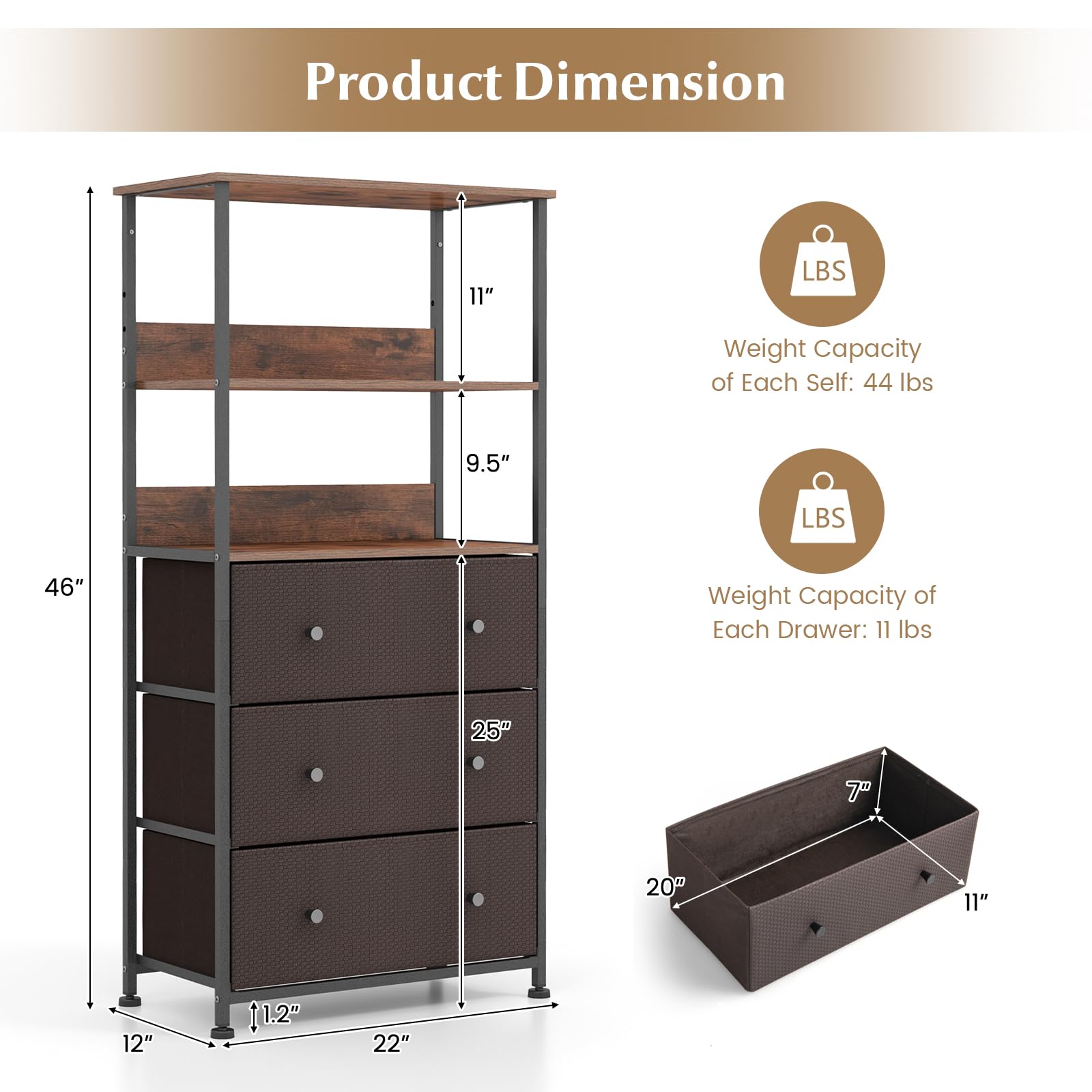 Giantex Corner Shelf with 3 Storage Drawers - 3-Tier Bookshelf with Height Adjustable Upper Shelf