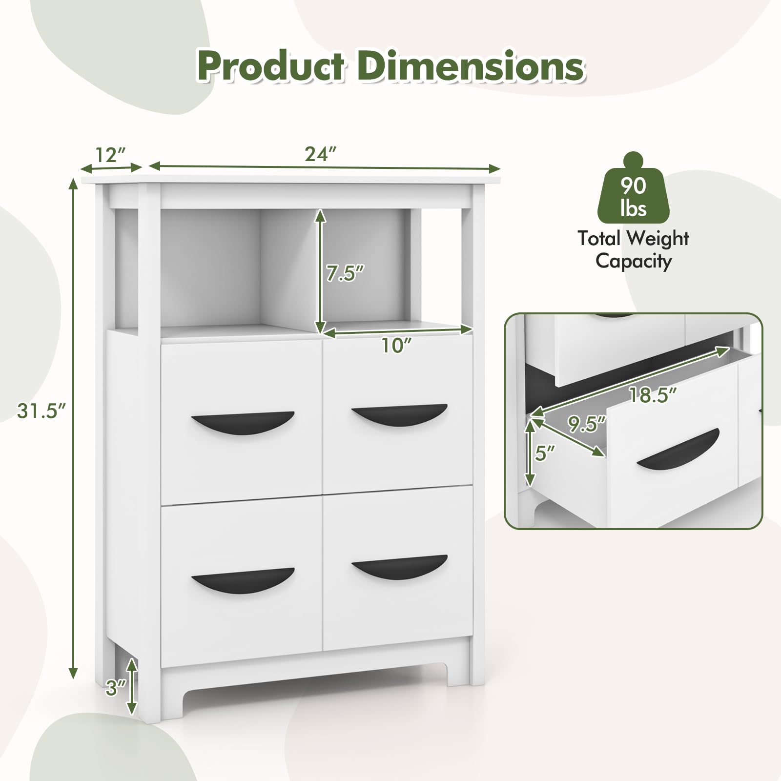 Giantex Storage Cabinet with Large Drawers, Open Storage Compartments, Anti-Tipping Kit, White