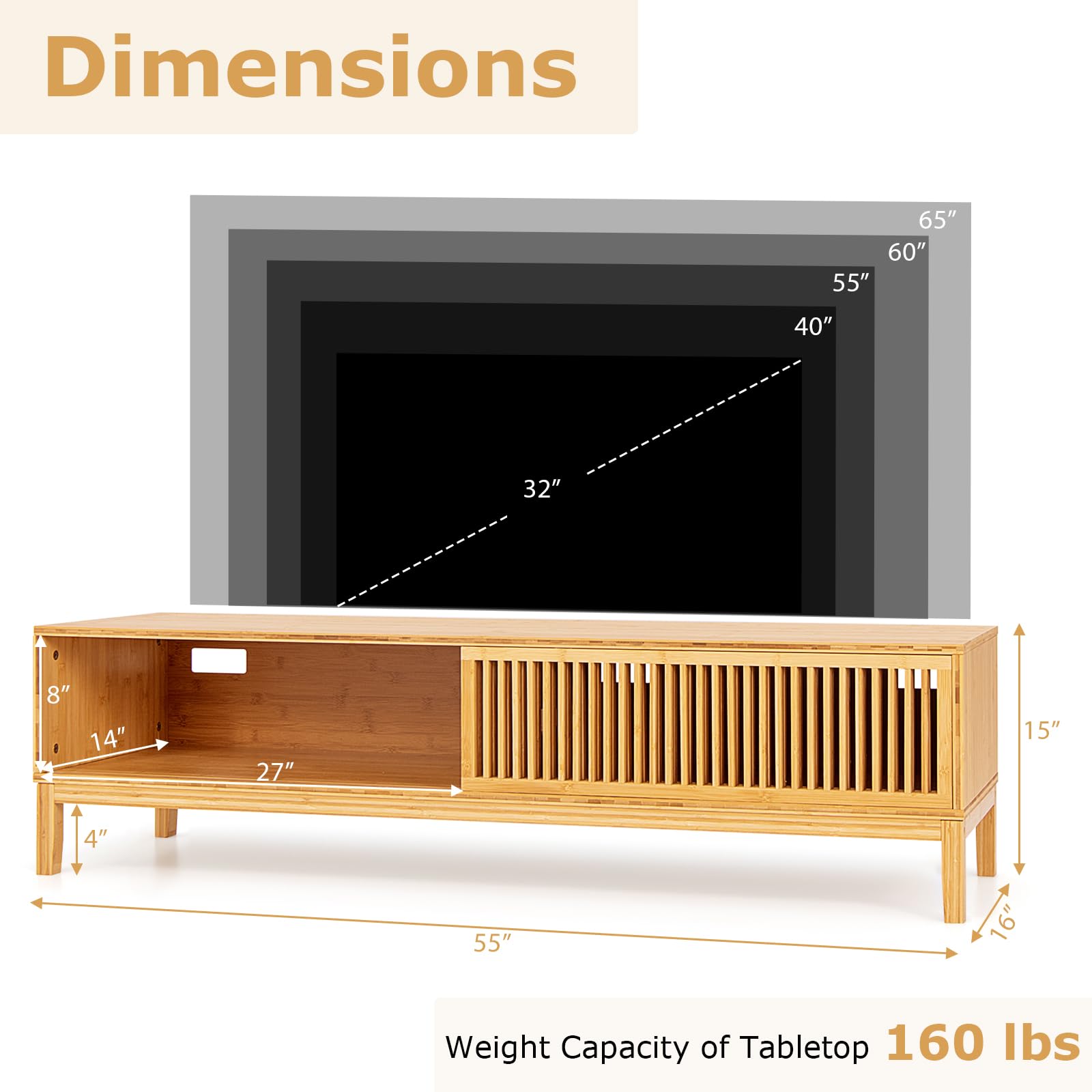 Giantex TV Stand, Entertainment Center for TVs up to 65 Inches, Mid Century Modern Bamboo Media Console Cabinet with Sliding Slatted Doors