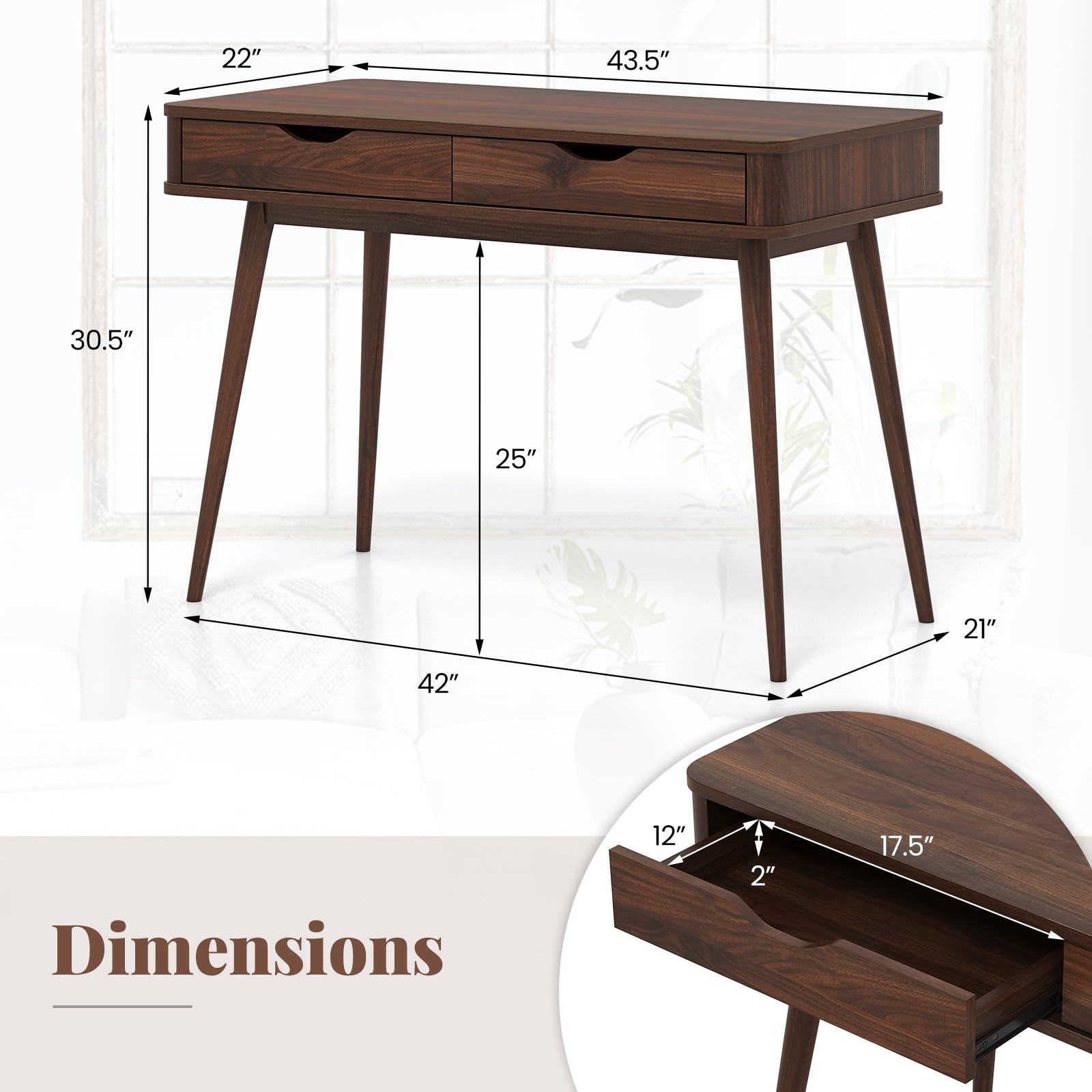 Giantex Mid-Century Desk with 2 Drawers, 43.5" Writing Study Desk with Solid Rubber Wood Legs