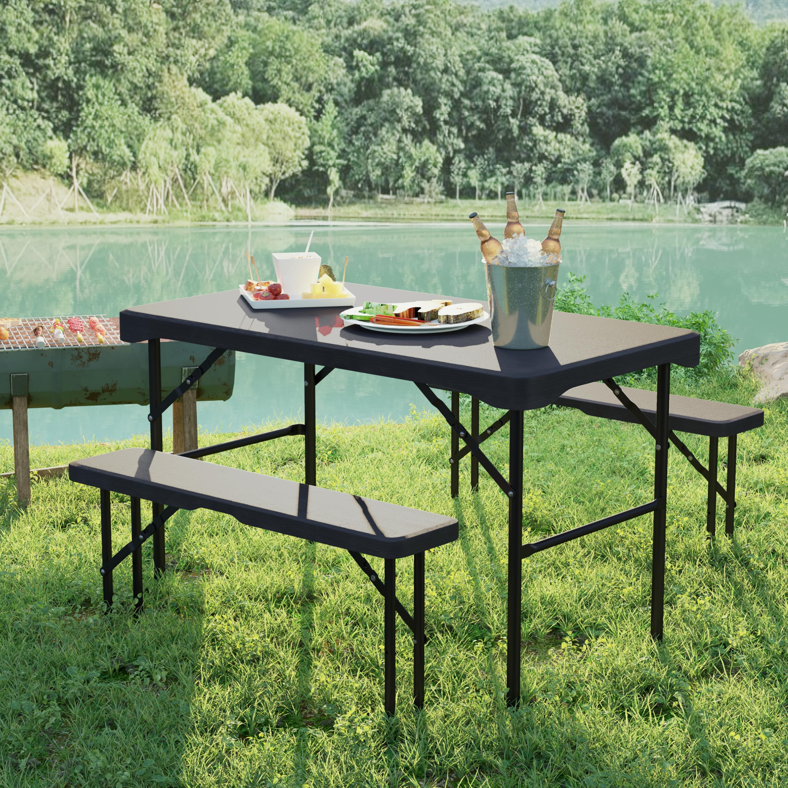 Giantex Folding Picnic Table Bench Set, Rectangular Patio Dining Table Set for 4, with HDPE Tabletop