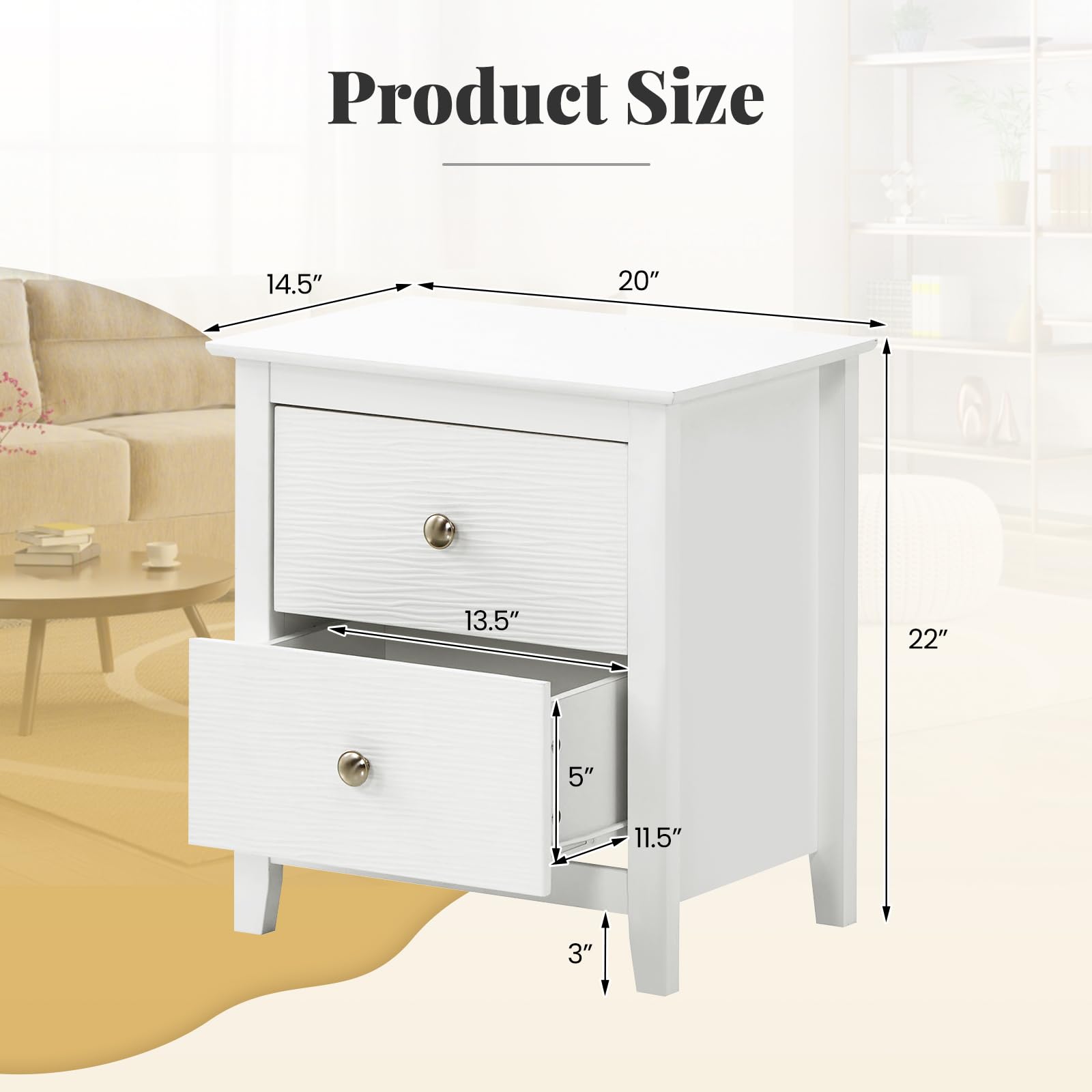 Giantex White Nightstand, Modern 2 Drawers Night Stand with Handles, Sofa Side Table with Sturdy Legs for Small Spaces