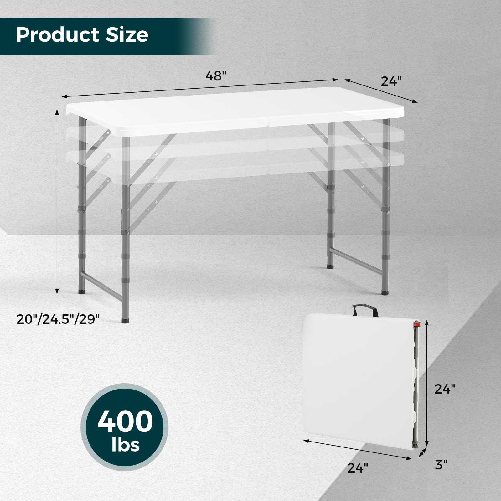 Giantex 48” x 24” Folding Table, HDPE Portable Fold-in-Half Table with 20”-29” Adjustable Heights