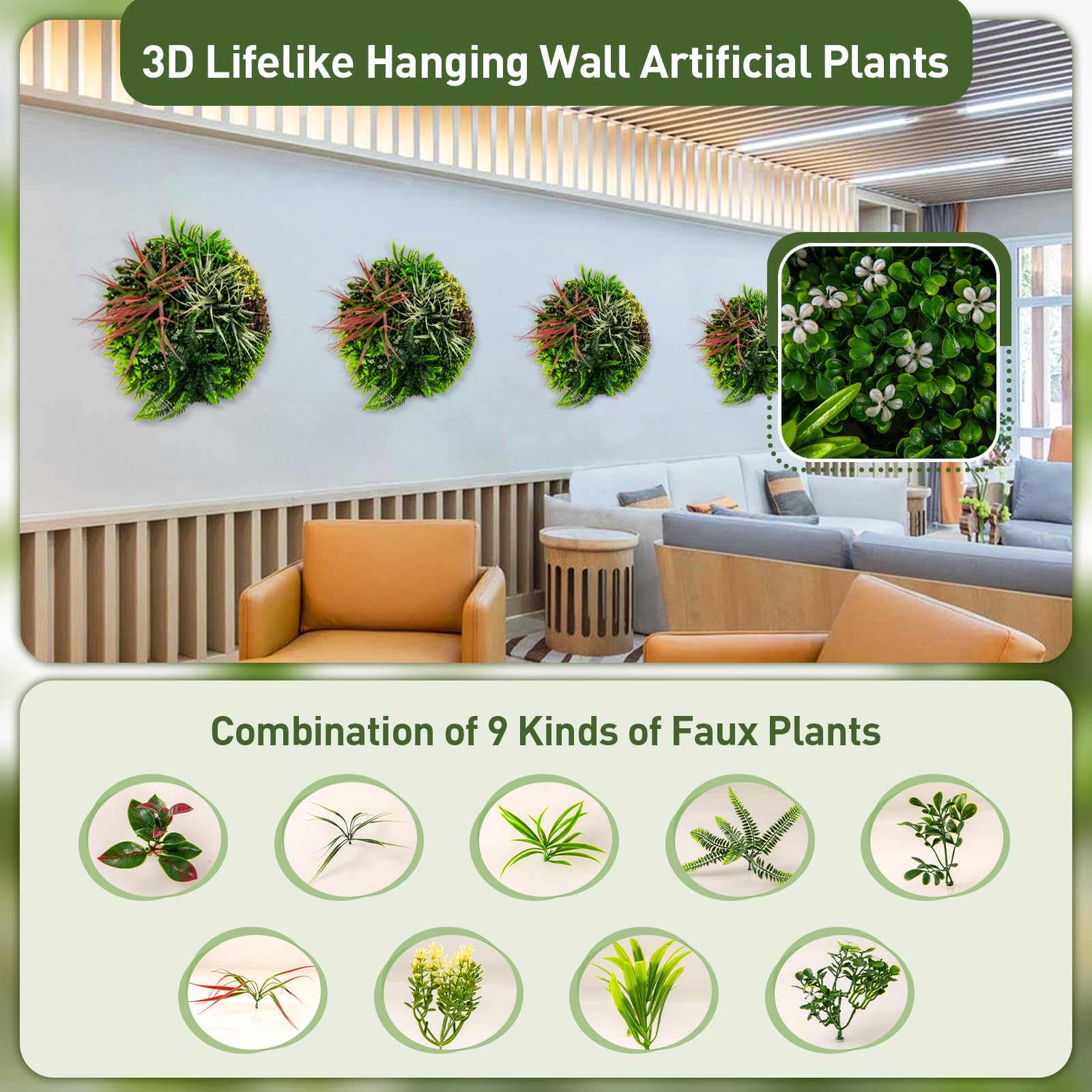 Giantex 2 Pack Hanging Artificial Plants Panels, 20" Round Framed 3D Greenery Wall Art Decor