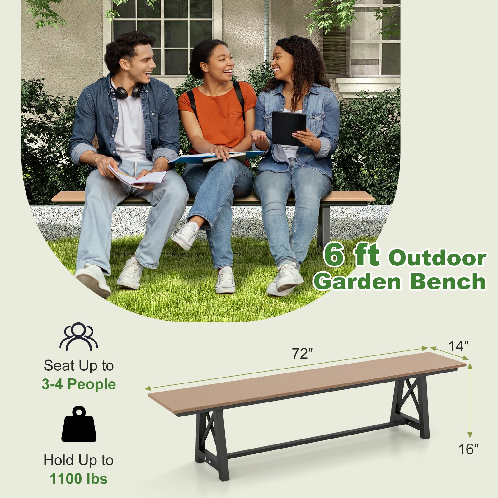 Giantex Outdoor Bench, 3-4 Person Garden Bench, 72" Long Patio Bench with Metal Frame