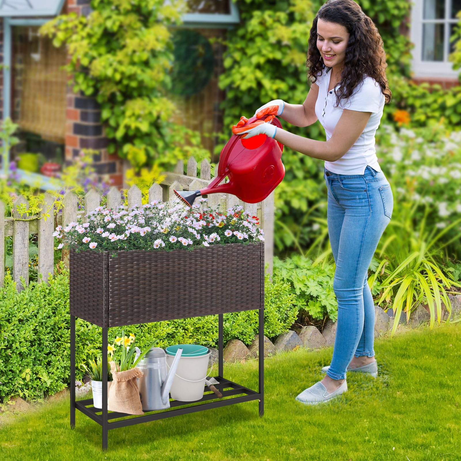 Giantex Raised Garden Bed with Legs, Rattan Elevated Planter Box w/Storage Shelf