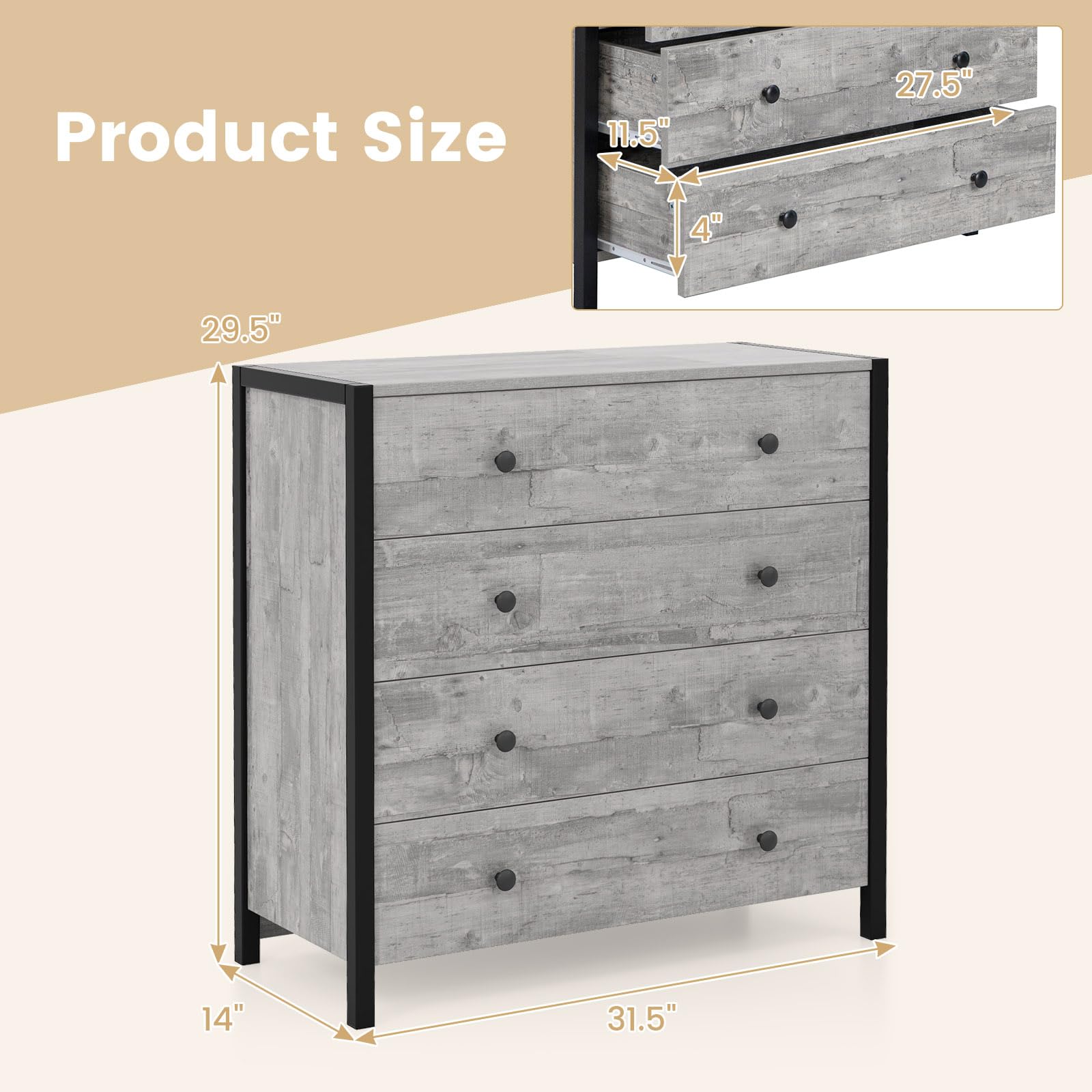 Giantex Dresser for Bedroom with 4 Storage Drawers - Modern Chest of Drawers