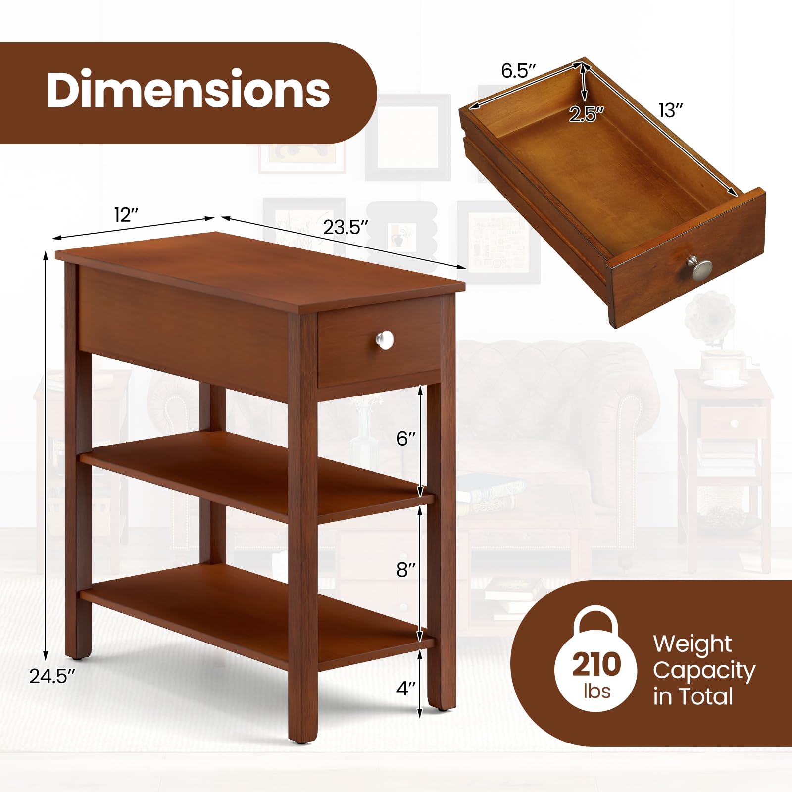 Ginatex Narrow Side Table Set of 2, Small End Tables with Drawer & Open Storage Shelves