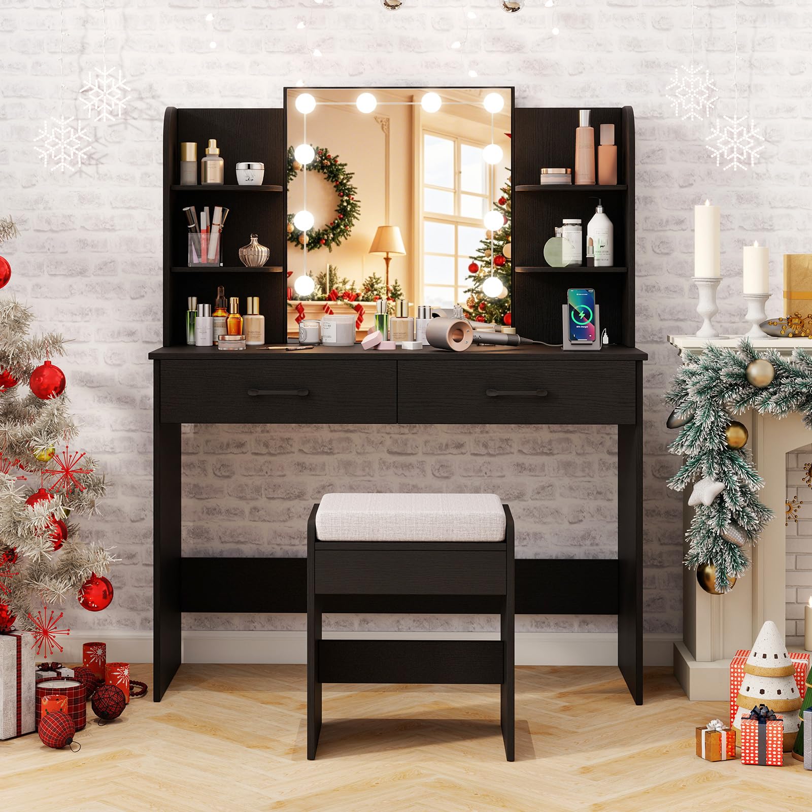 CHARMAID Vanity Desk with Mirror and Lights, Black Makeup Vanity Table with Large Drawers, Storage Shelve