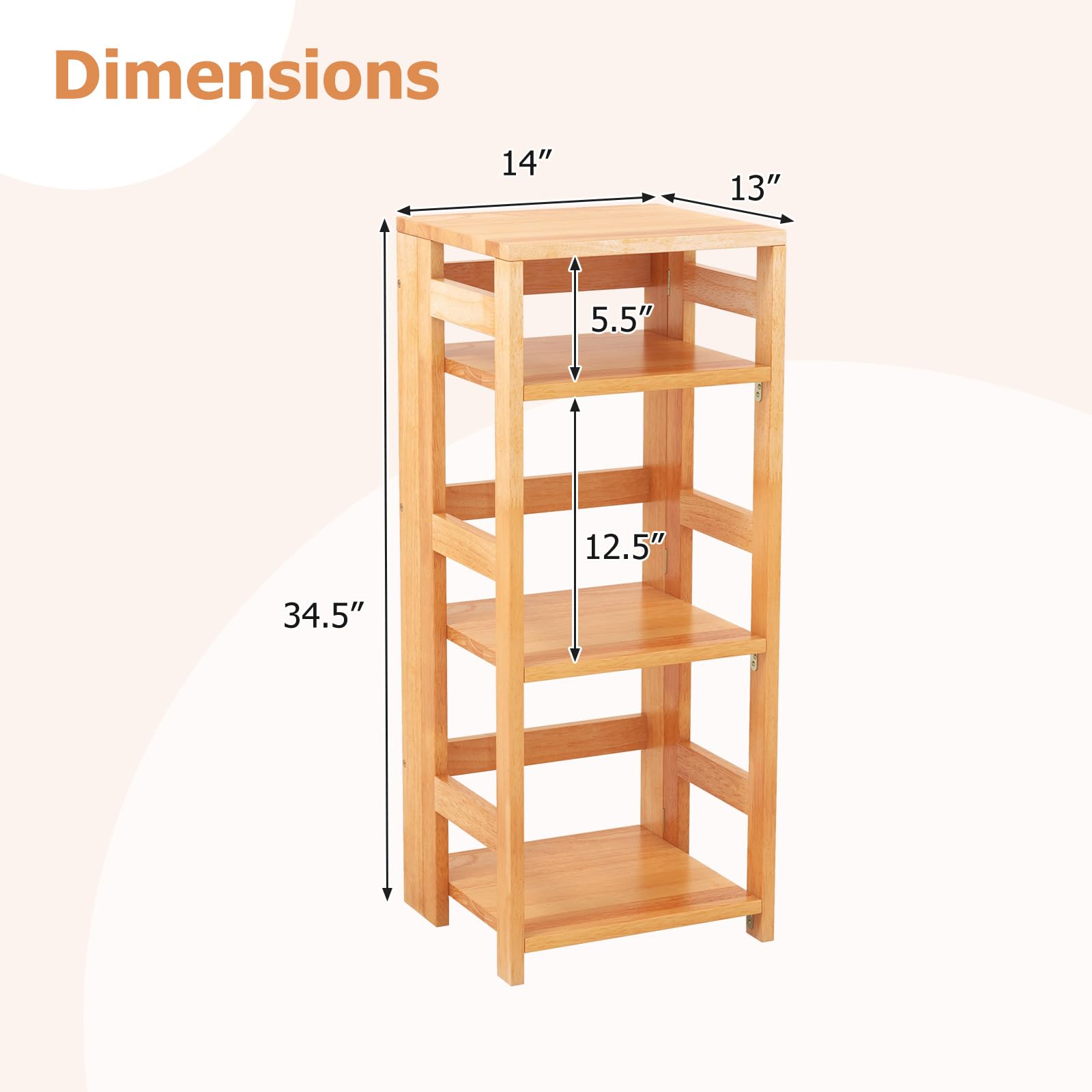 Giantex 4-Tier Bookshelf, 34.5" Floor Storage Shelf w/Rubber Wood Frame, Anti-Toppling Kits, 14" x 13" x 34.5"