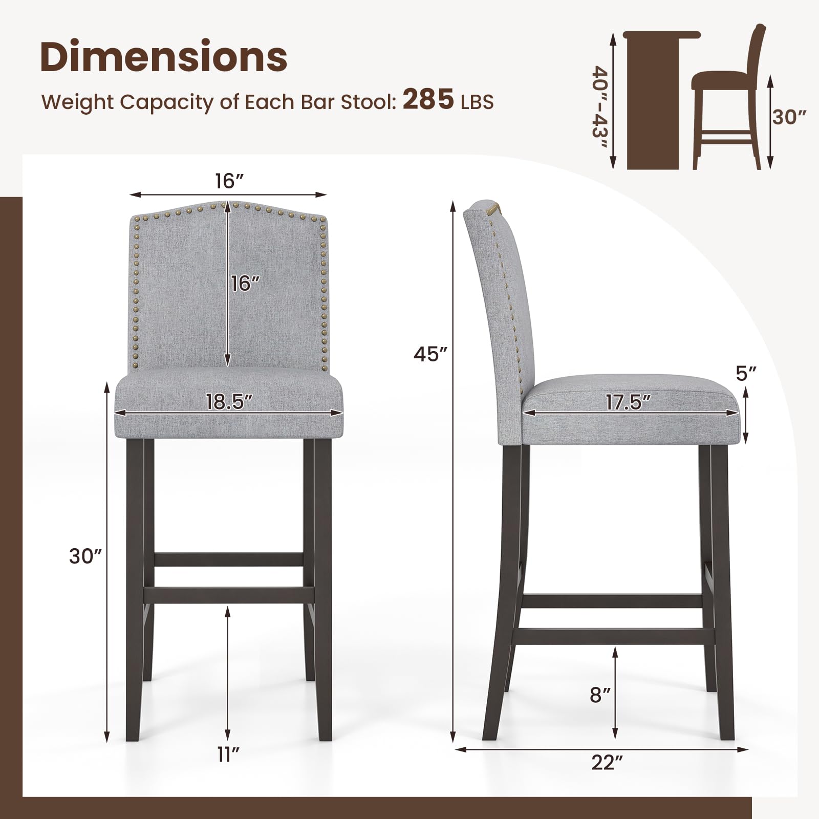 Giantex 30" Bar Stools Set of 2/4, Upholstered Bar Height Bar Chairs with Back & Rubber Wood Legs