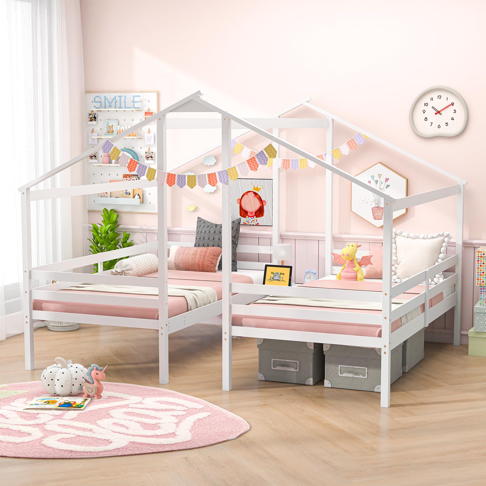 Giantex Double Twin Bed Frames for Kids, Wood House Shaped Platform with Built-in Nightstand & USB Port