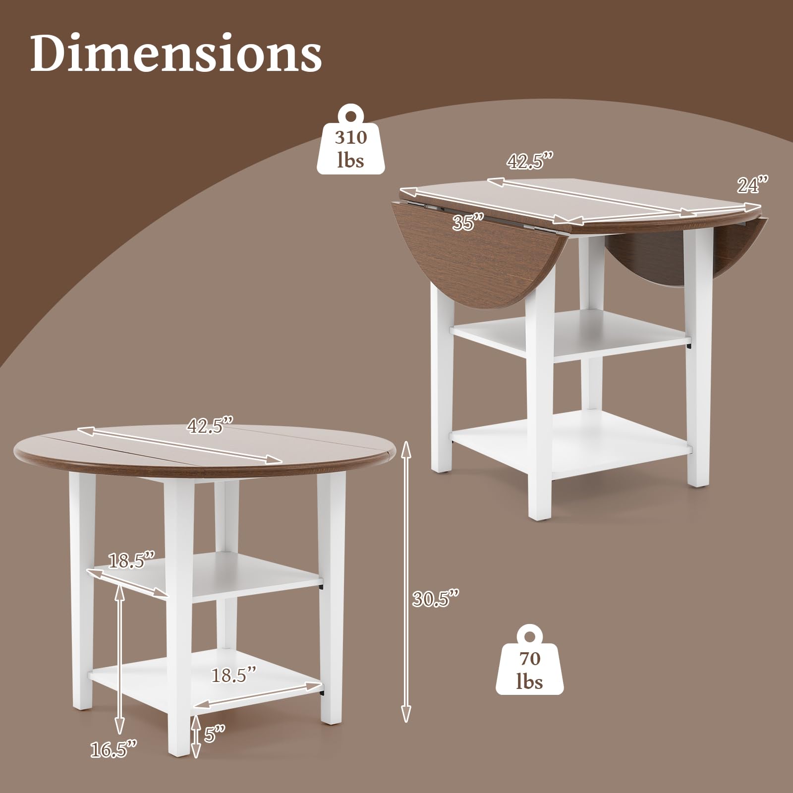 Giantex Dining Table, Drop Leaf Kitchen Table, 42.5 Inches Round Table with Storage Shelves