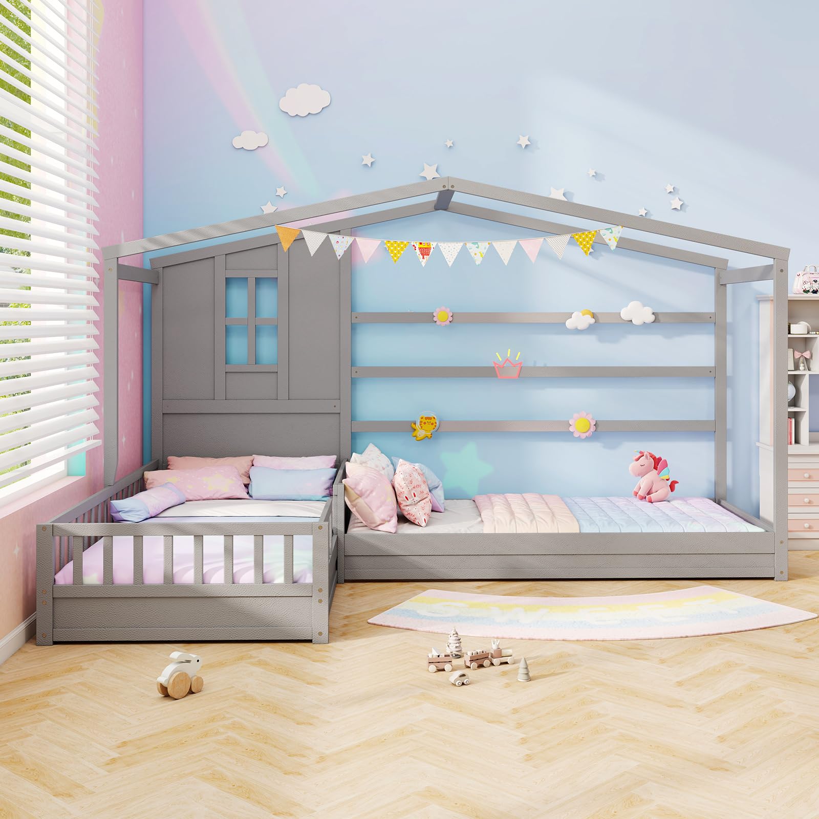 Giantex Double Twin Beds for Kids, House L-Shaped Platform Beds with Window & Fences