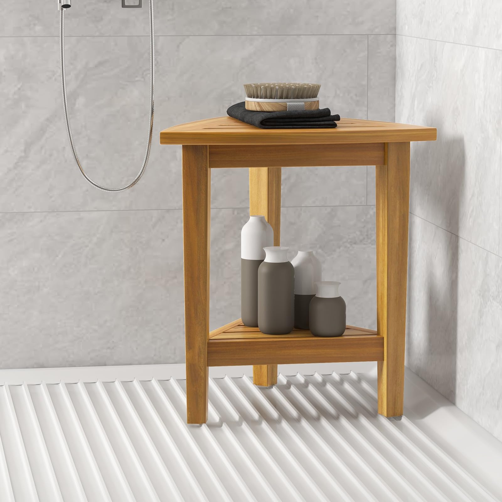 Giantex Corner Shower Bench - Teak Wood Shower Stool with Storage Shelf