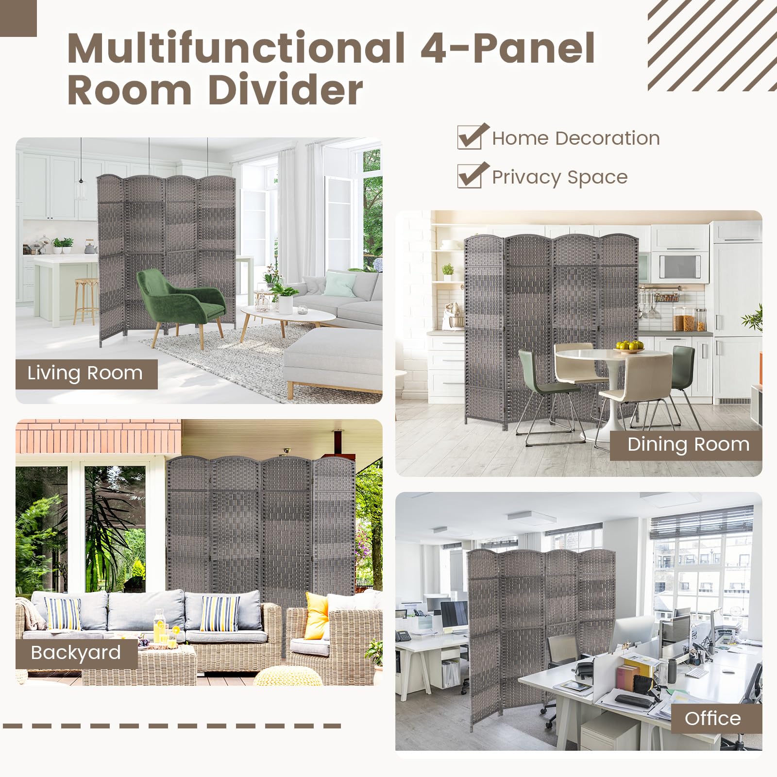 Giantex Room Divider 4 Panel, 6FT Tall Folding Privacy Screen with Solid Wood Frame