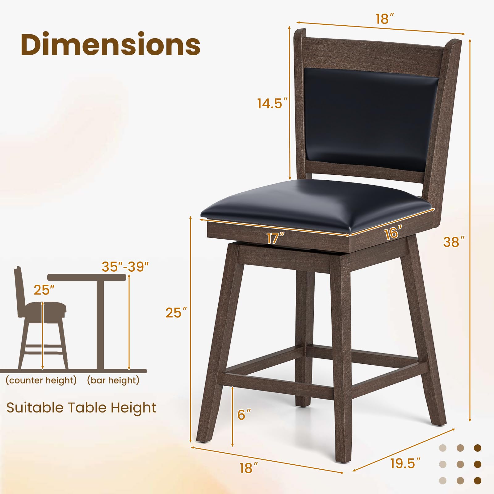 Giantex 25" Bar Stools Set, Upholstered Swivel Bar Chairs with Ergonomic Back