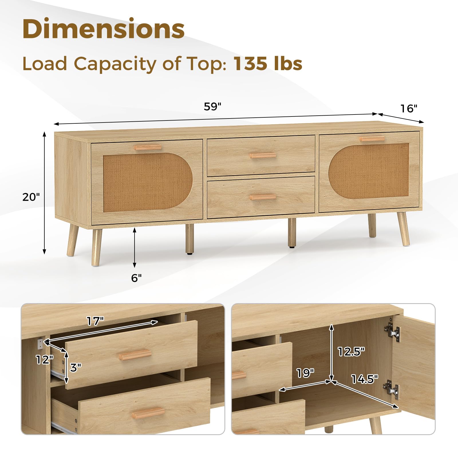 Giantex Rattan TV Stand for TVs up to 65 Inch, 59" TV Console Cabinet with Drawers & Solid Wood Legs