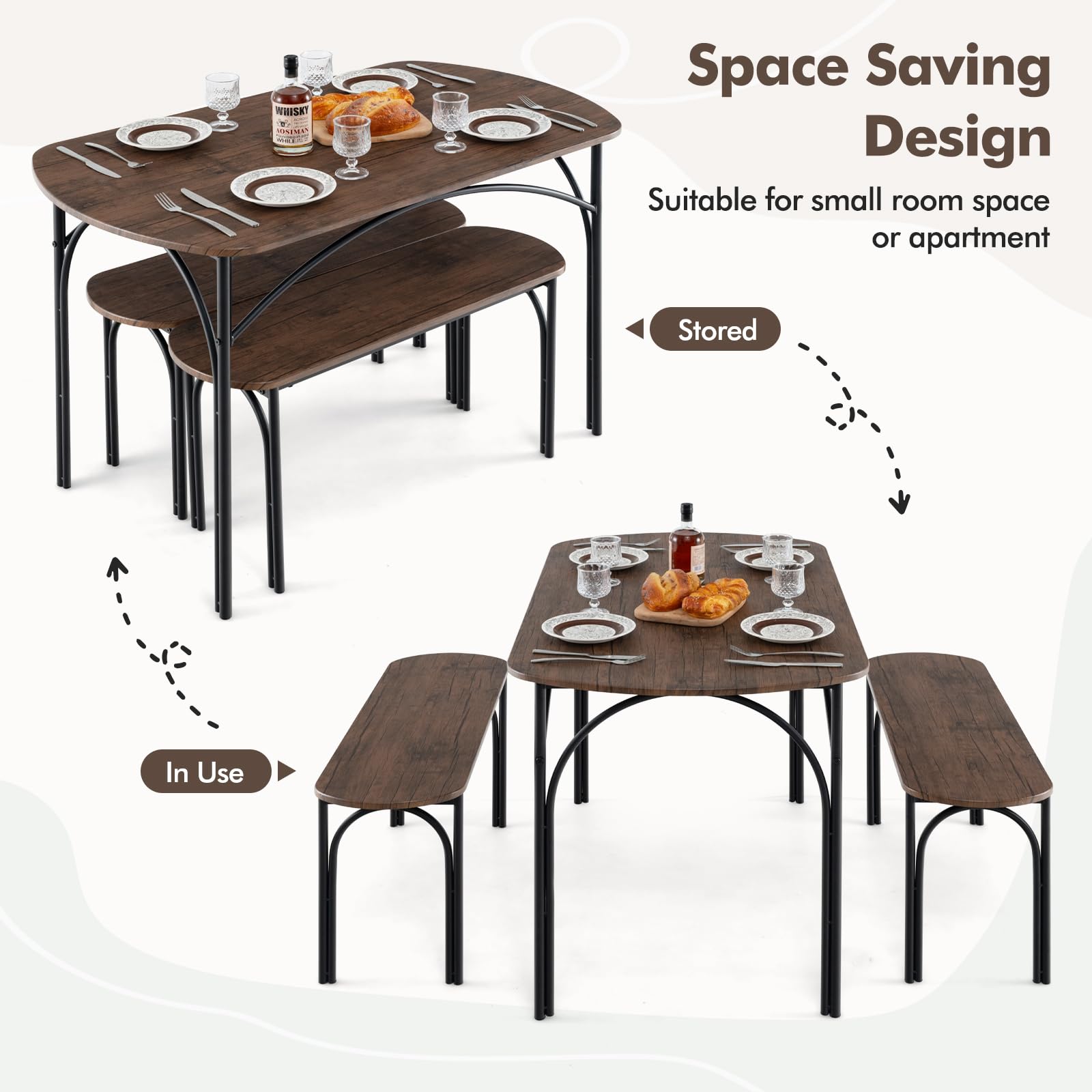 Giantex Dining Table Set for 4, Modern Oval Kitchen Table Set with 2 Benches, Metal Frame