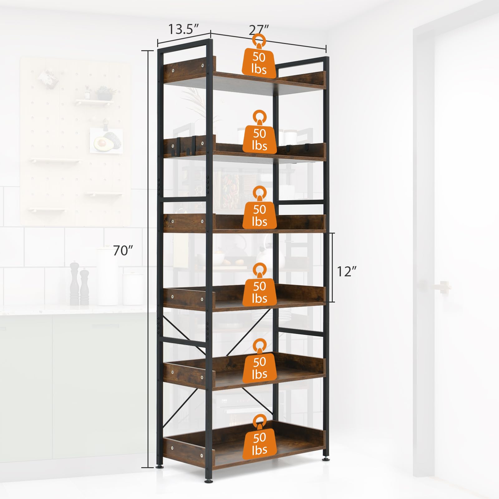 Giantex Industrial 6-Tier Bookshelf, 70" Tall Freestanding Storage Display Shelf with 4 Hooks